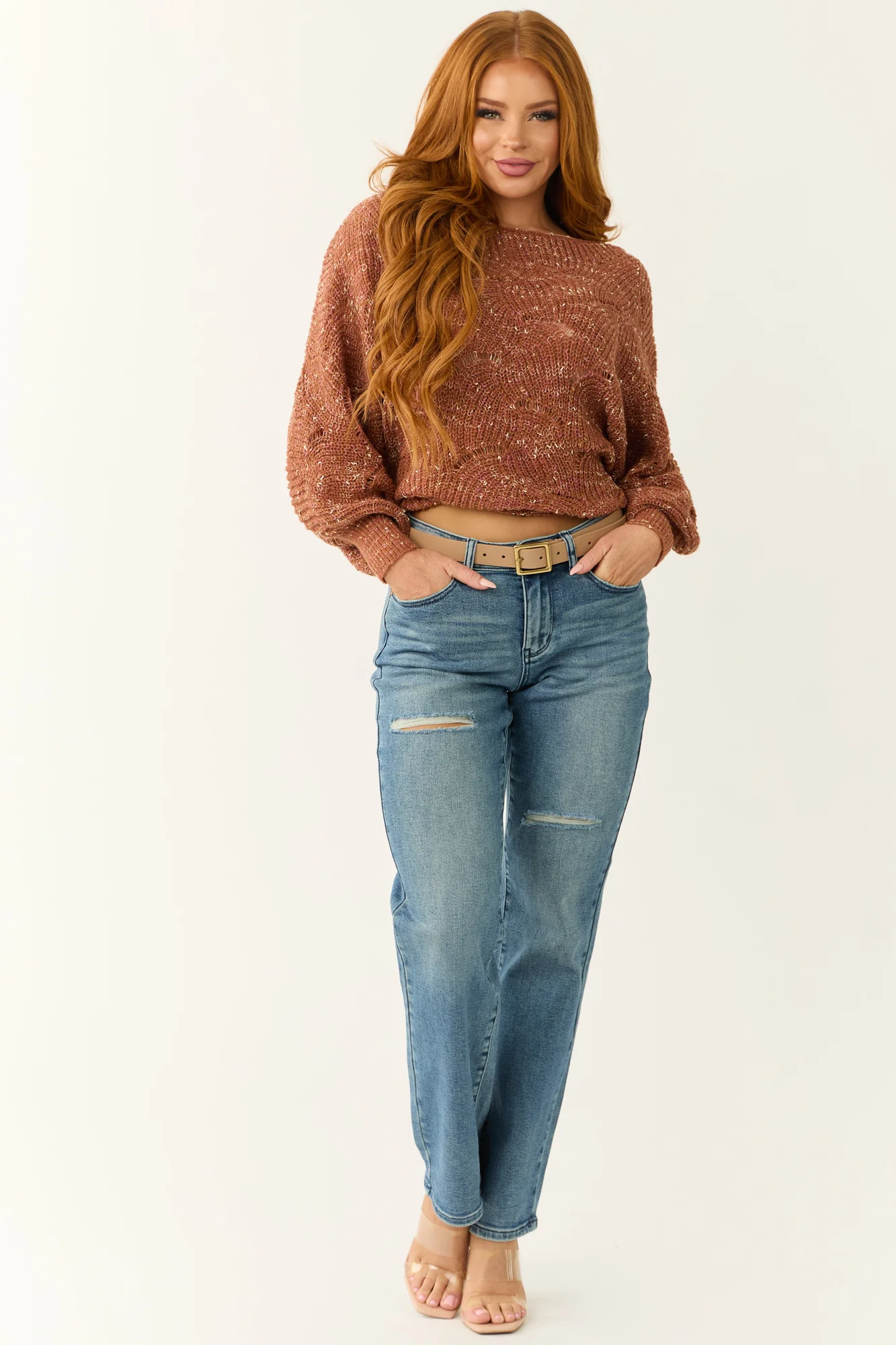 Medium Wash Distressed Dad Jeans in High Rise Fit