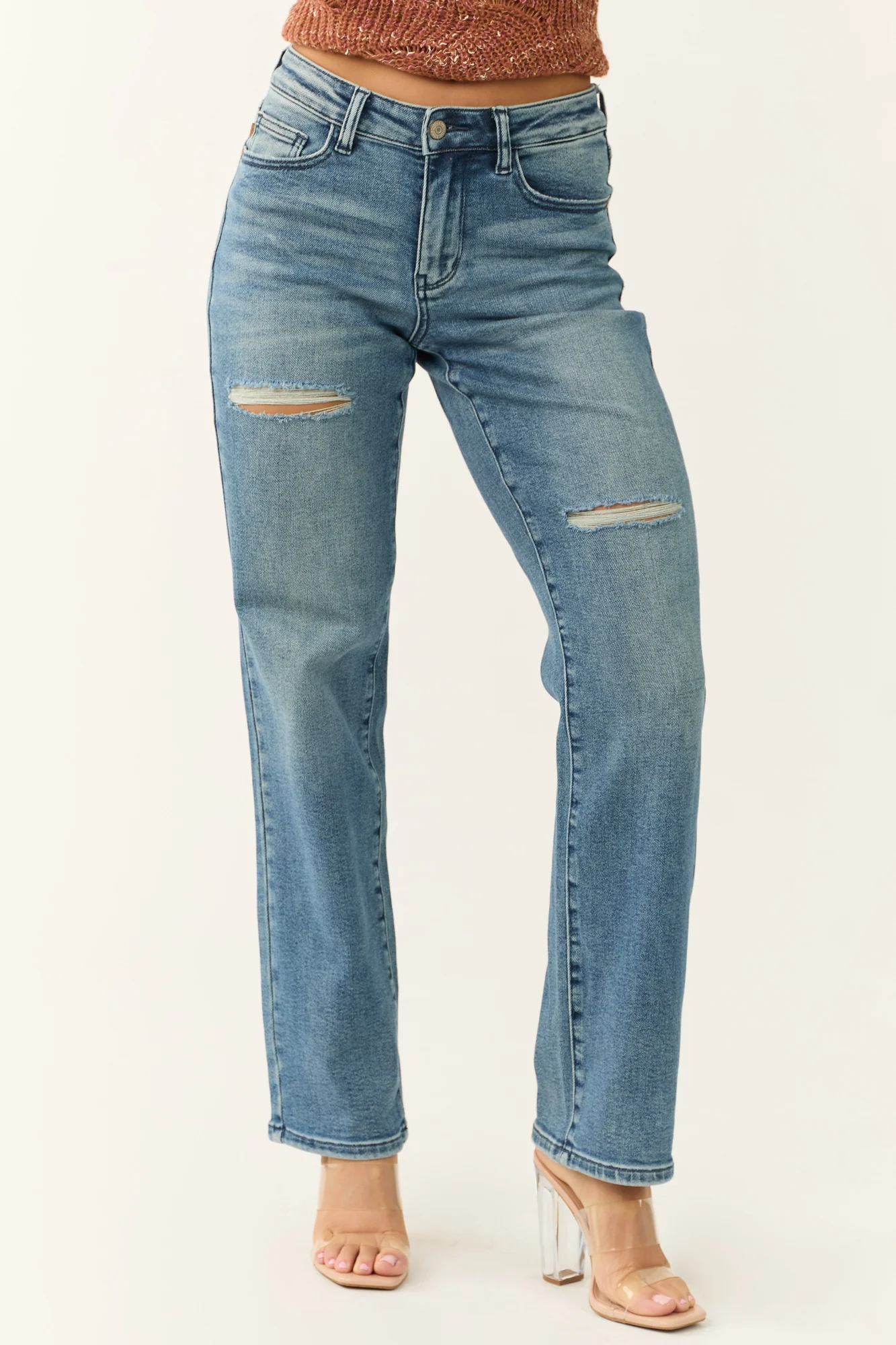 Medium Wash Distressed Dad Jeans in High Rise Fit