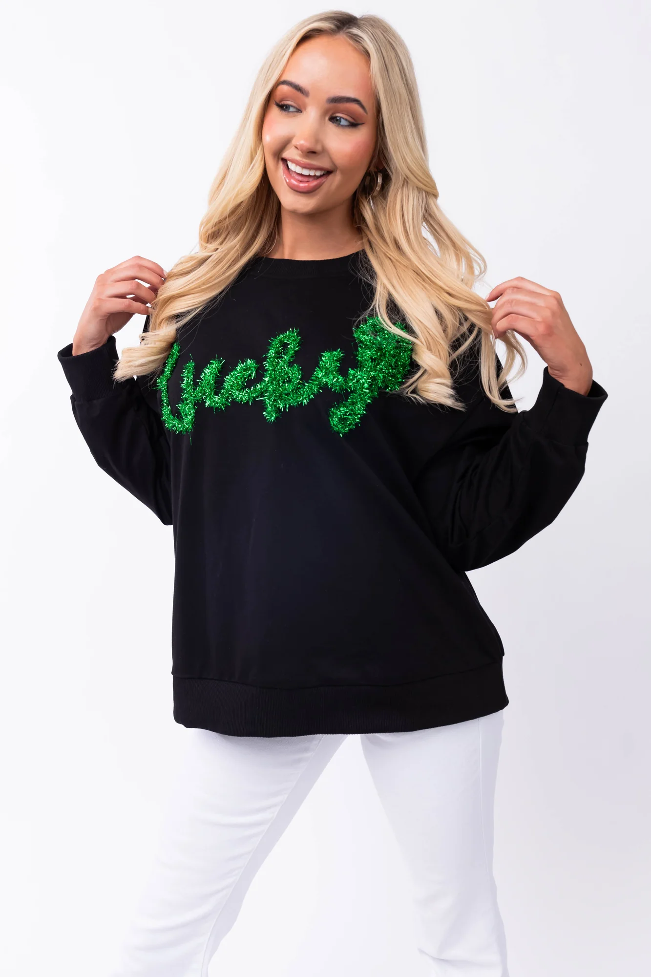 Black Tinsel Lettering Pullover Shirt