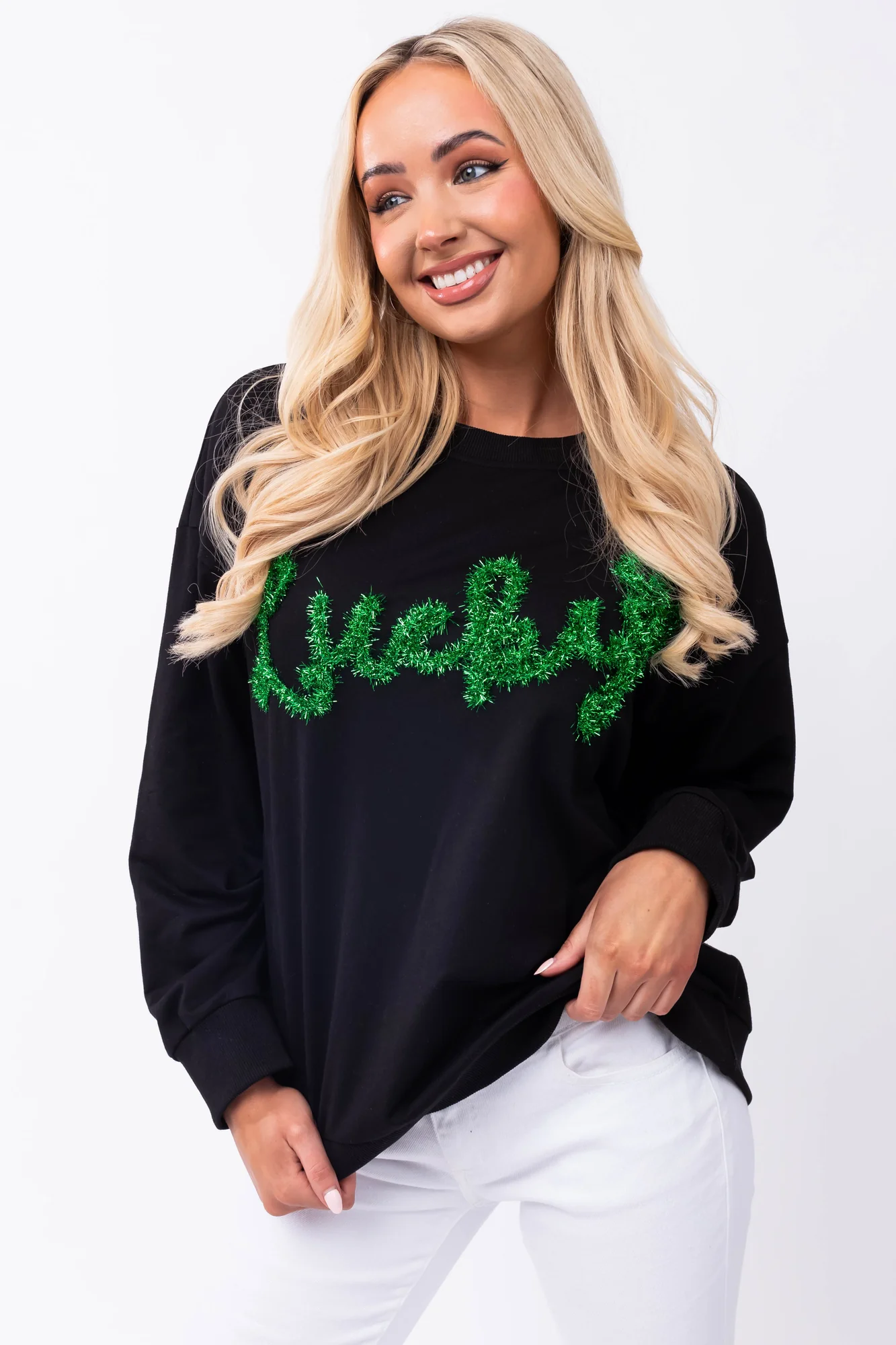 Black Tinsel Lettering Pullover Shirt