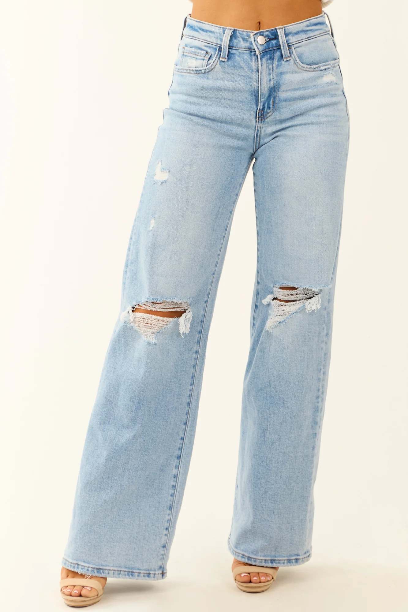 Light Wash Distressed Wide Leg Jeans High Rise