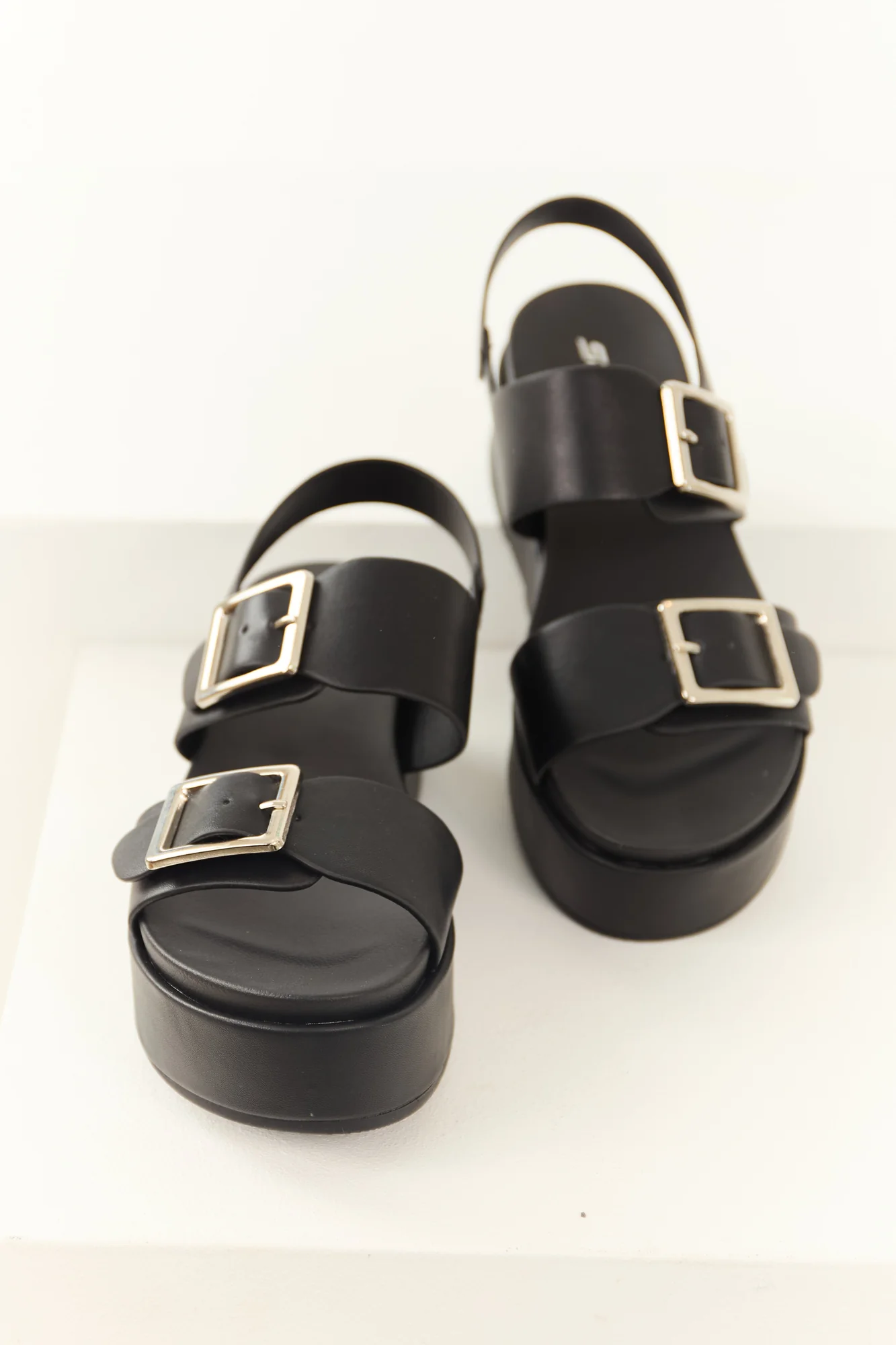 Adjustable Platform Sandals with Silver Buckle in Black Faux Leather