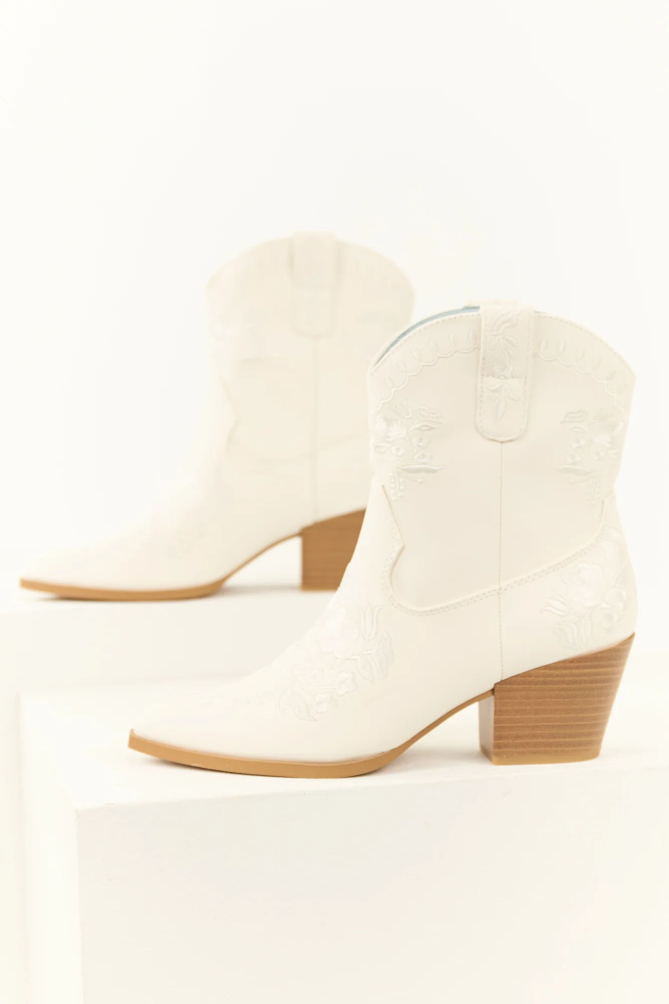 Floral Embroidered Heeled Ankle Boots - White Faux Leather