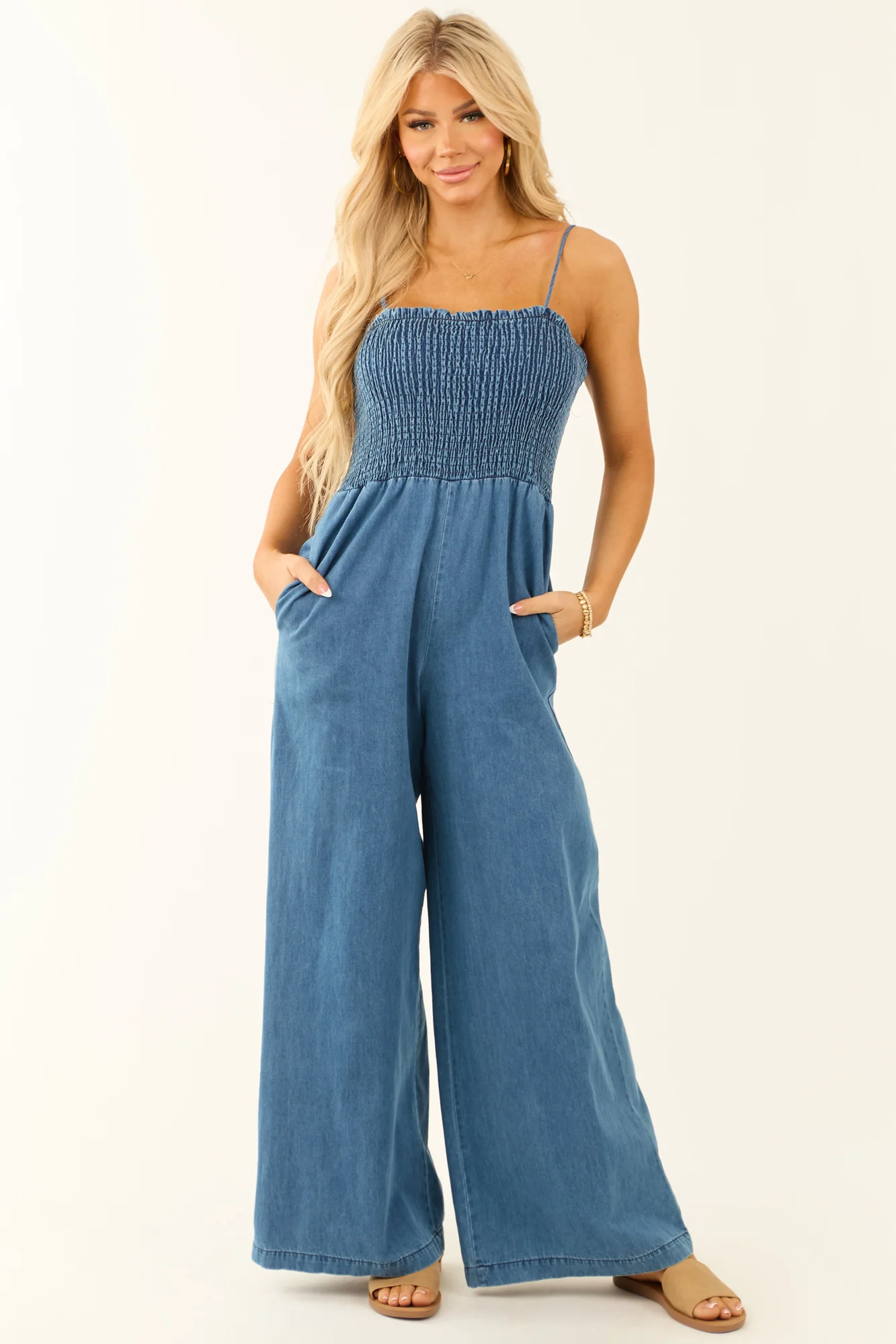 Denim Wide Leg Jumpsuit with Square Neckline