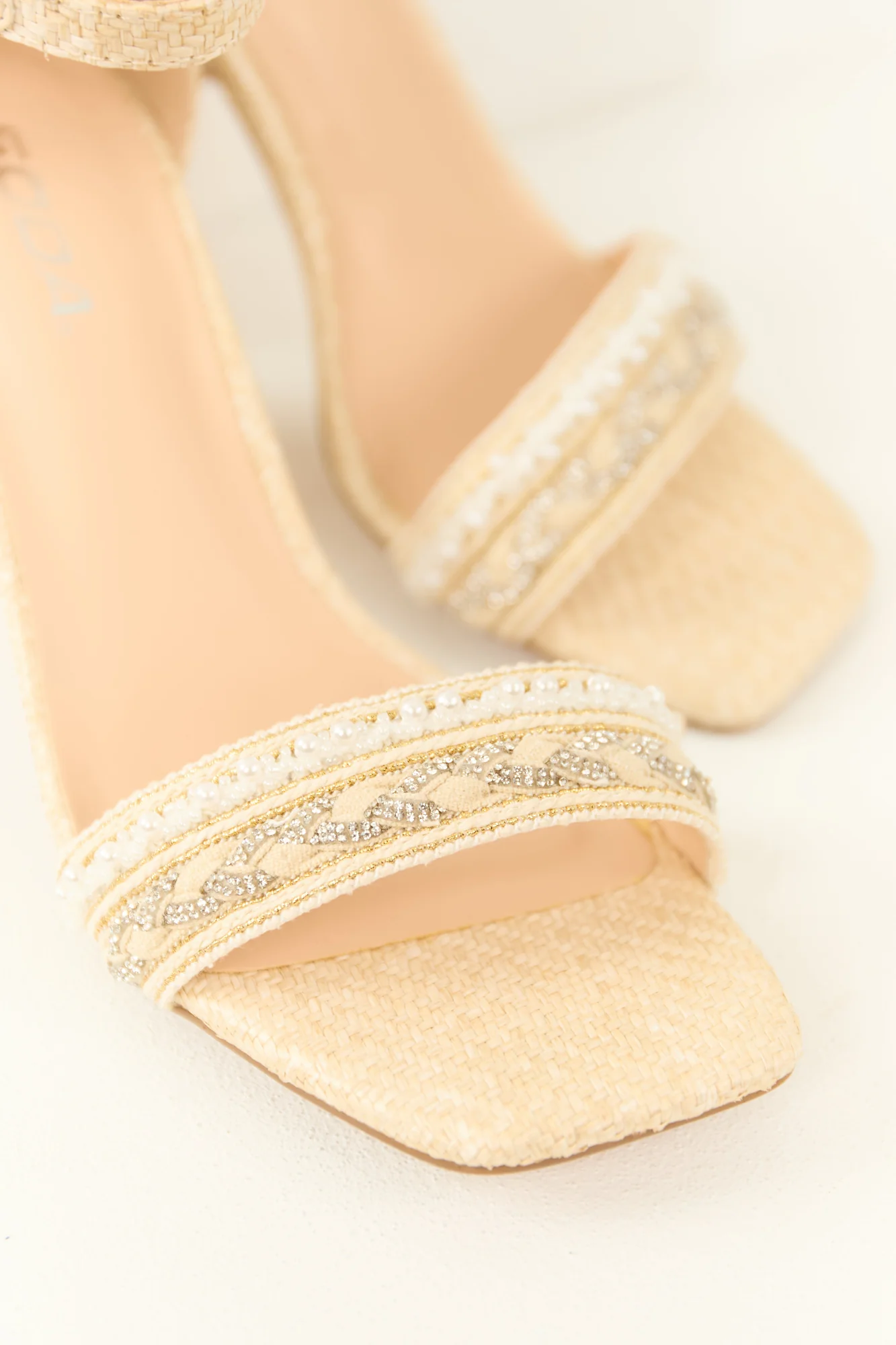 Rhinestone Embellished Raffia Block Heel Sandals