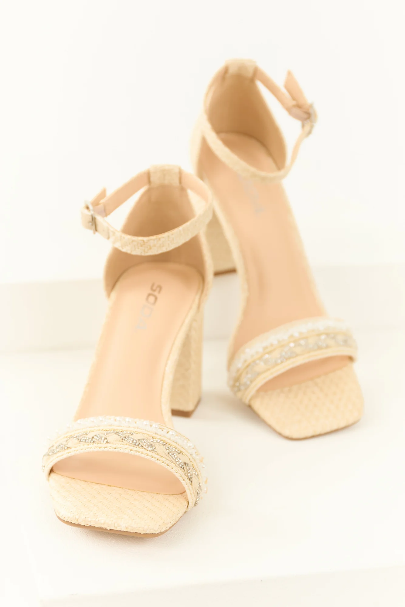 Rhinestone Embellished Raffia Block Heel Sandals