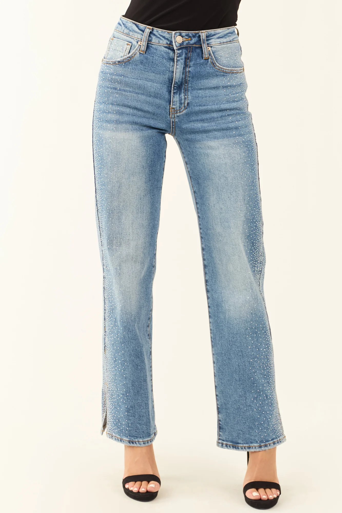 Rhinestone Hem Split Denim Straight Leg Jeans