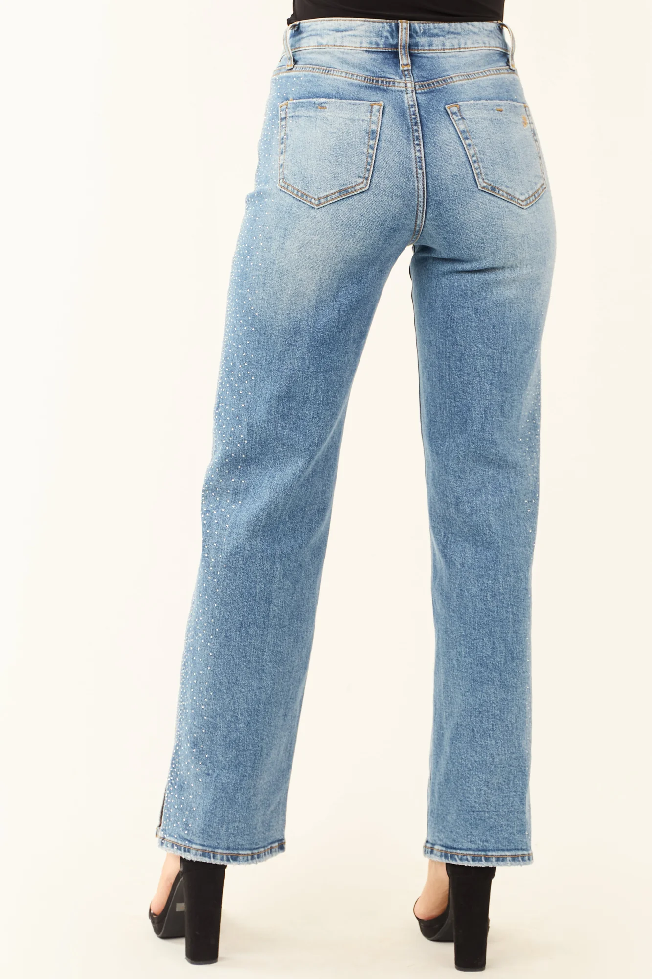 Rhinestone Hem Split Denim Straight Leg Jeans