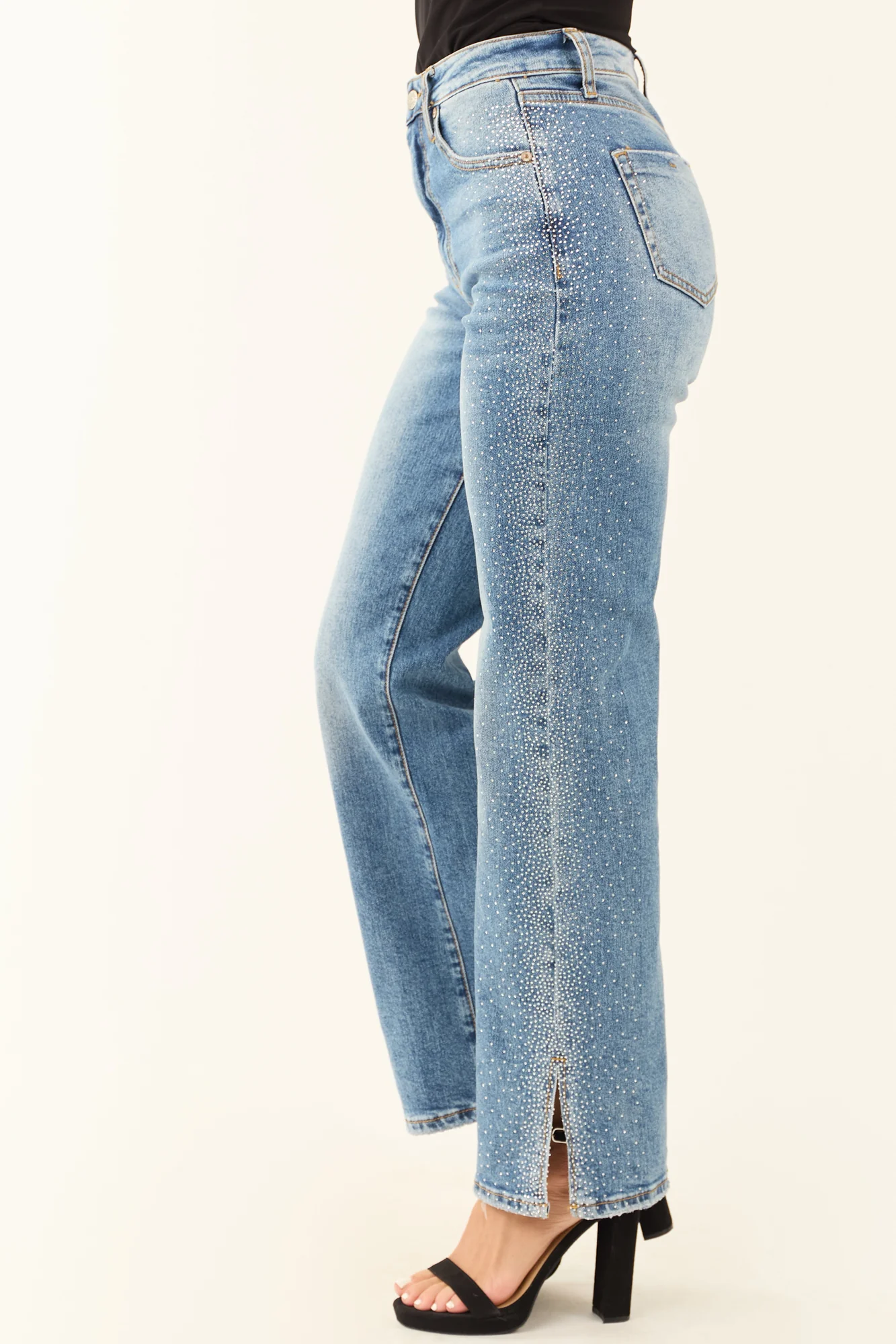 Rhinestone Hem Split Denim Straight Leg Jeans