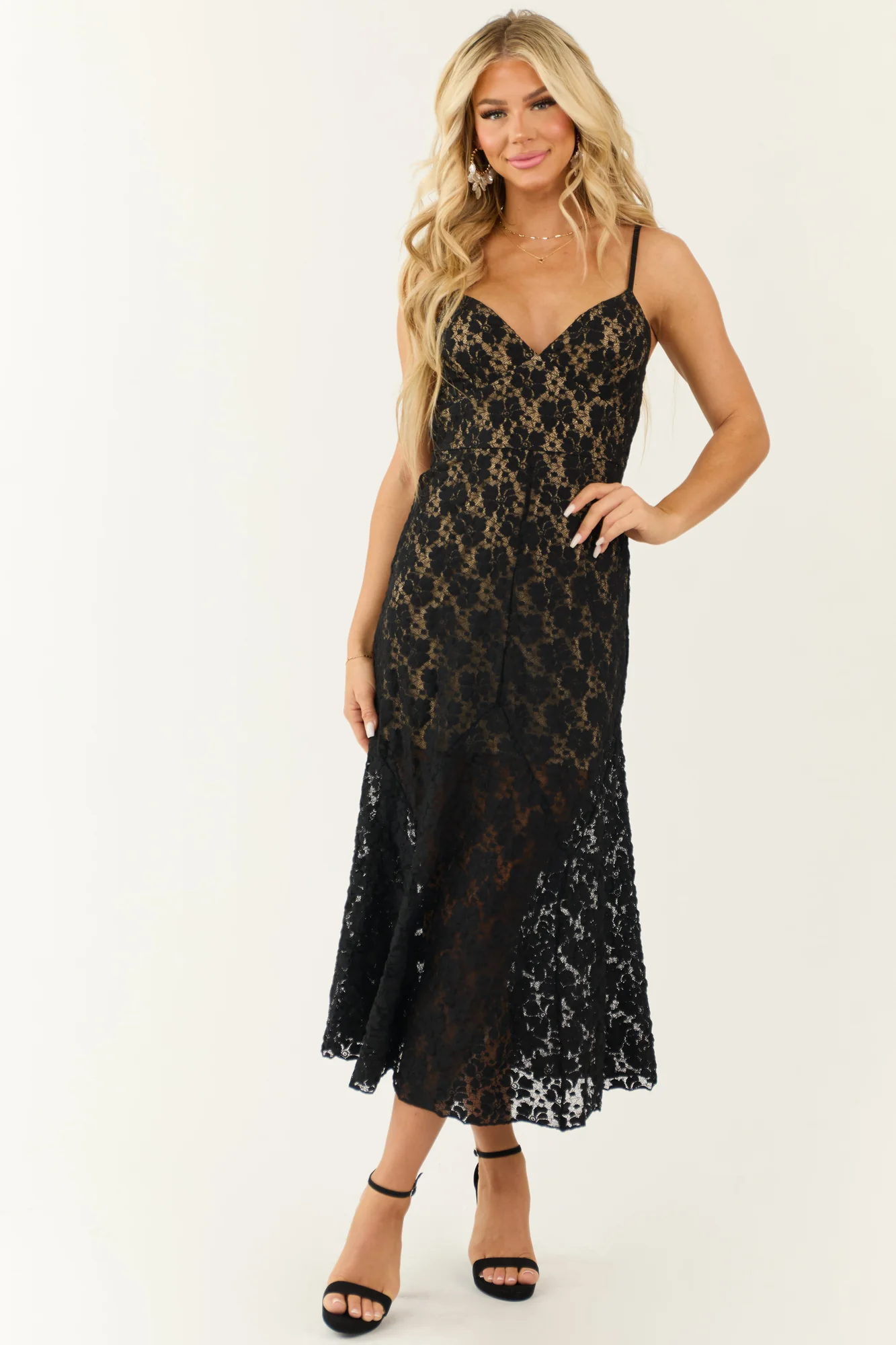 Elegant Black Lace Midi Dress V-Neckline