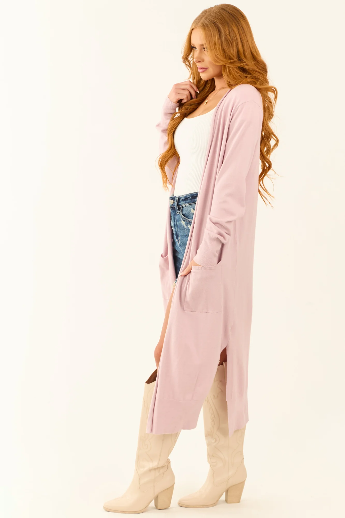 Mauve Knit Open Front Cardigan with Side Pockets