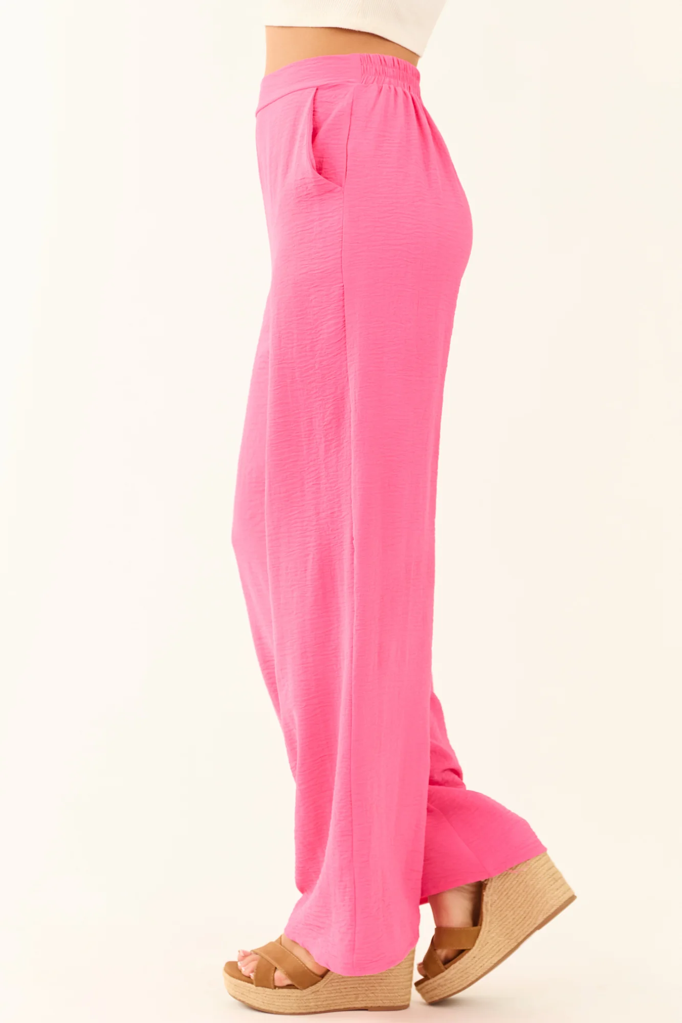 Smocked Hot Pink Wide-Leg Pants Womens High Waist