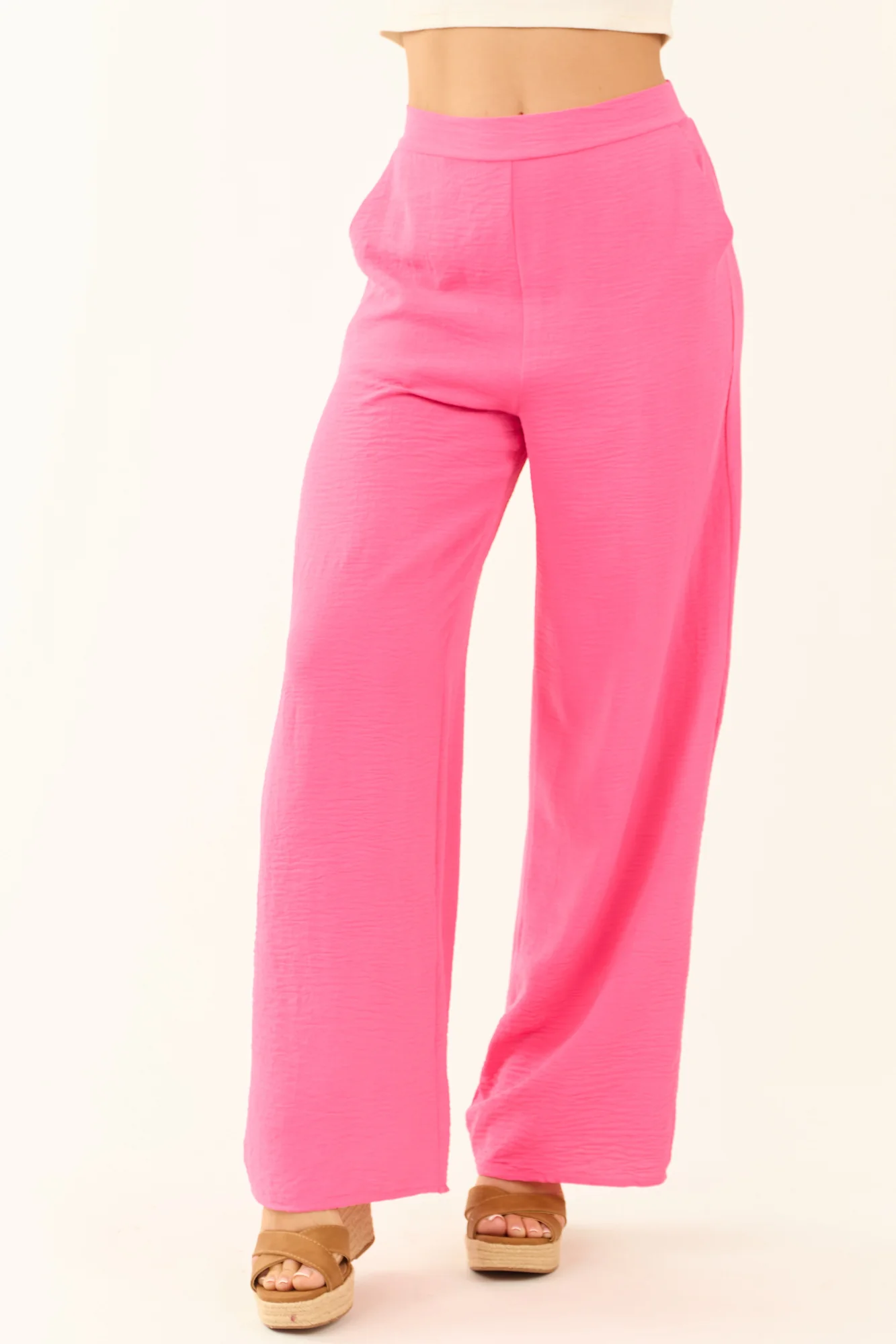 Smocked Hot Pink Wide-Leg Pants Womens High Waist