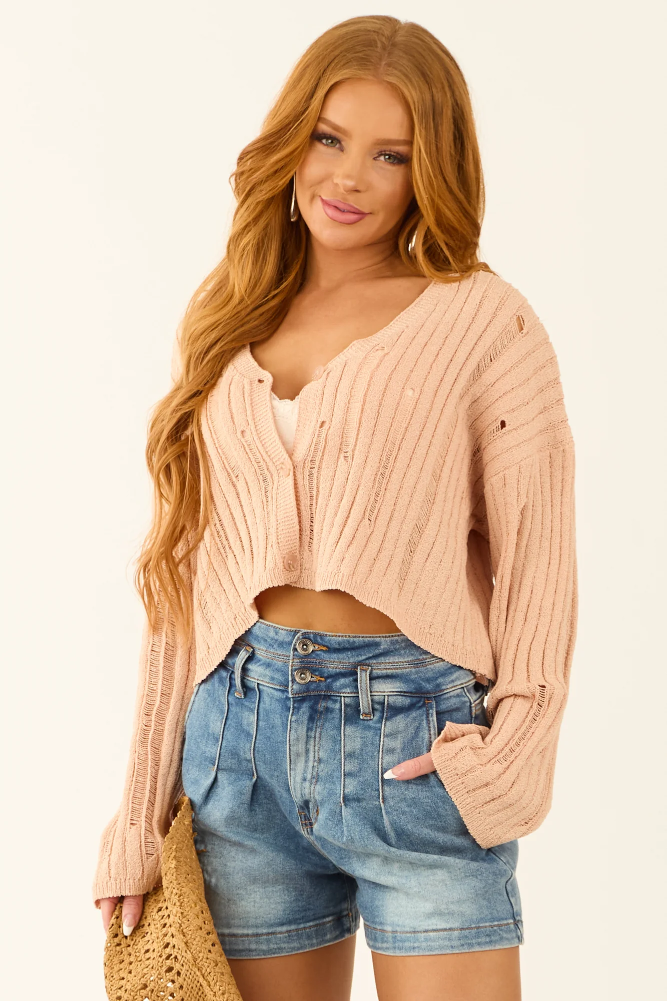Distressed Cropped Knit Cardigan in Sunrise Color
