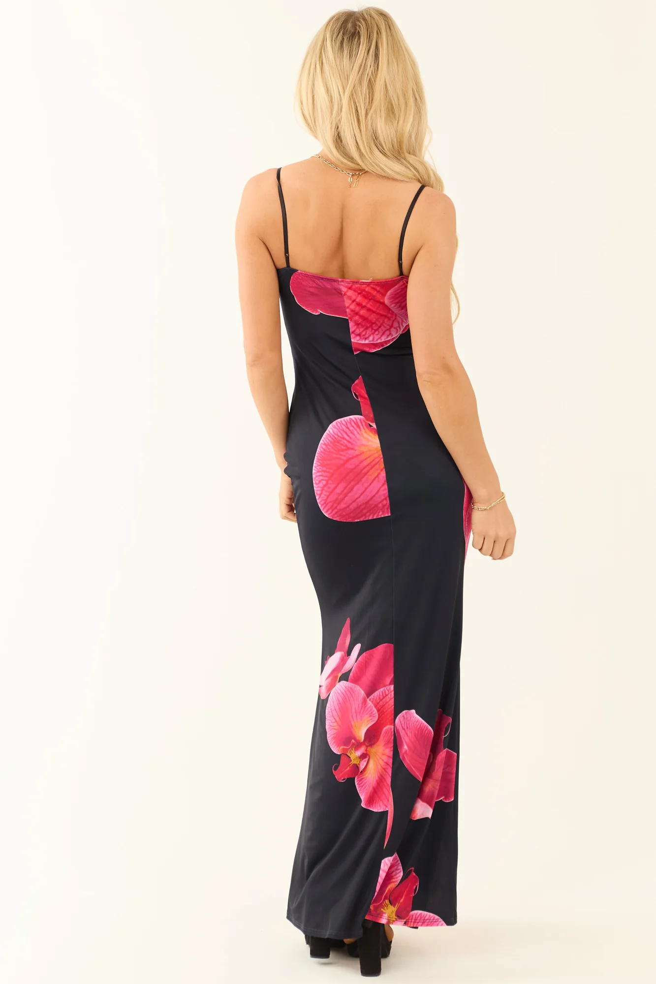Floral Print Satin Maxi Dress in Black - Adjustable Straps