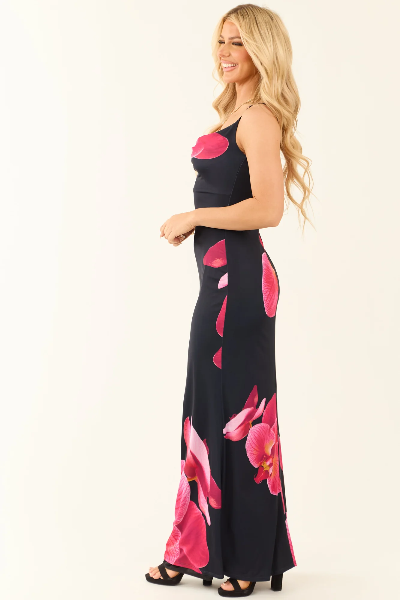 Floral Print Satin Maxi Dress in Black - Adjustable Straps