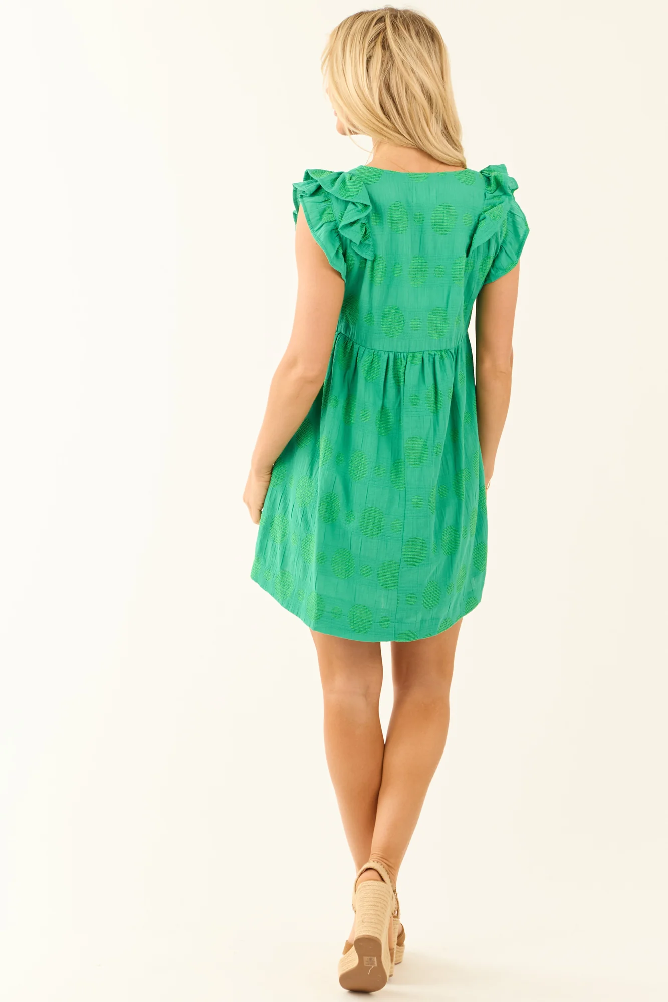 Kiwi Green Cotton Jacquard Ruffle Sleeve V-Neck Dress