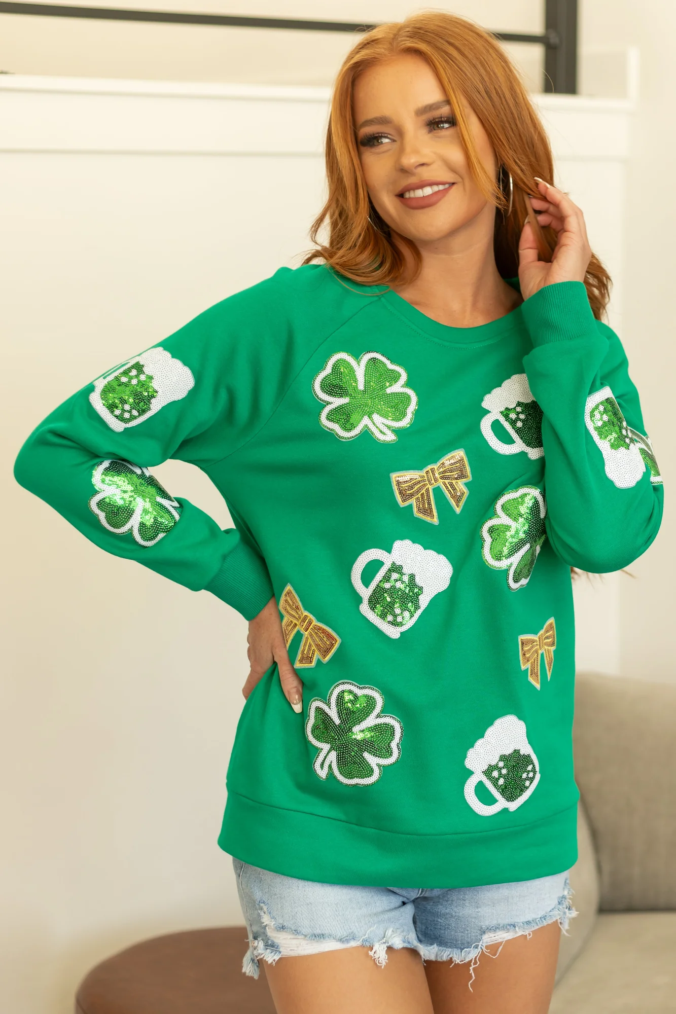 Sequin St Patricks Day Festive Sweatshirt - Kelly Green