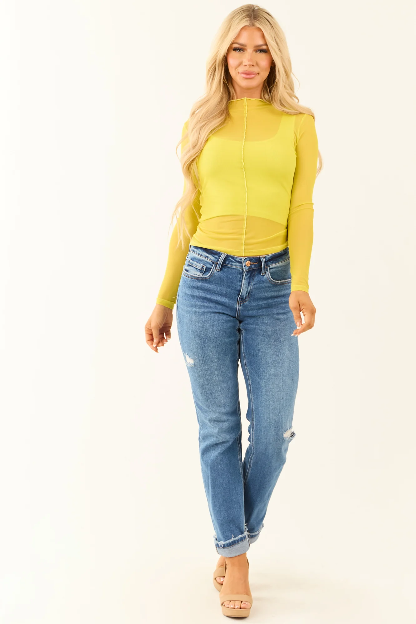 Yellow Ribbed Crop Top Set with Mesh Detail