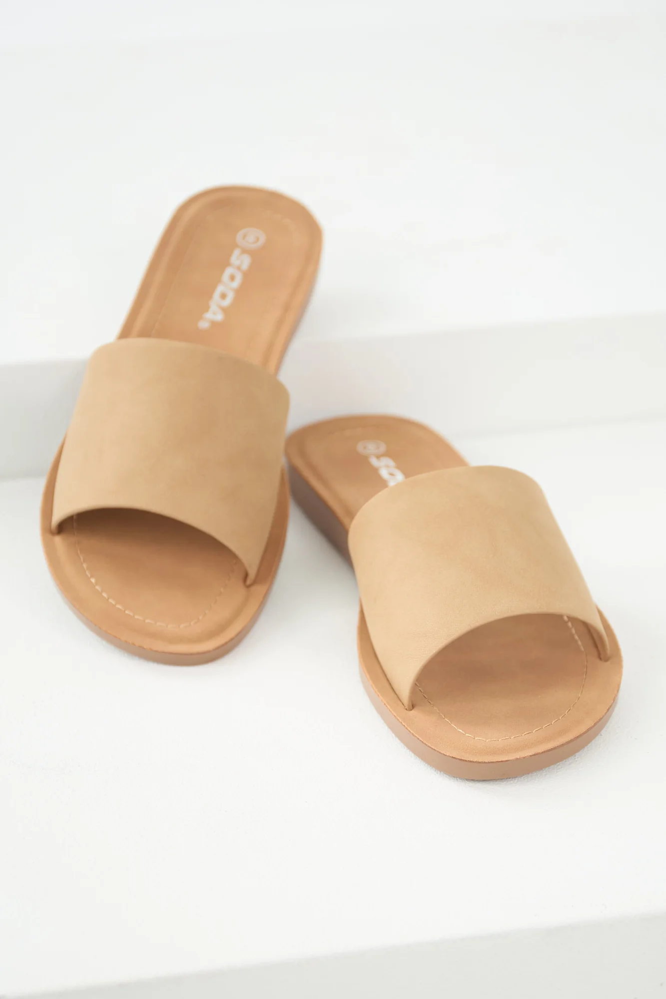 Latte Flat Slide Sandals with Woven Straw Band