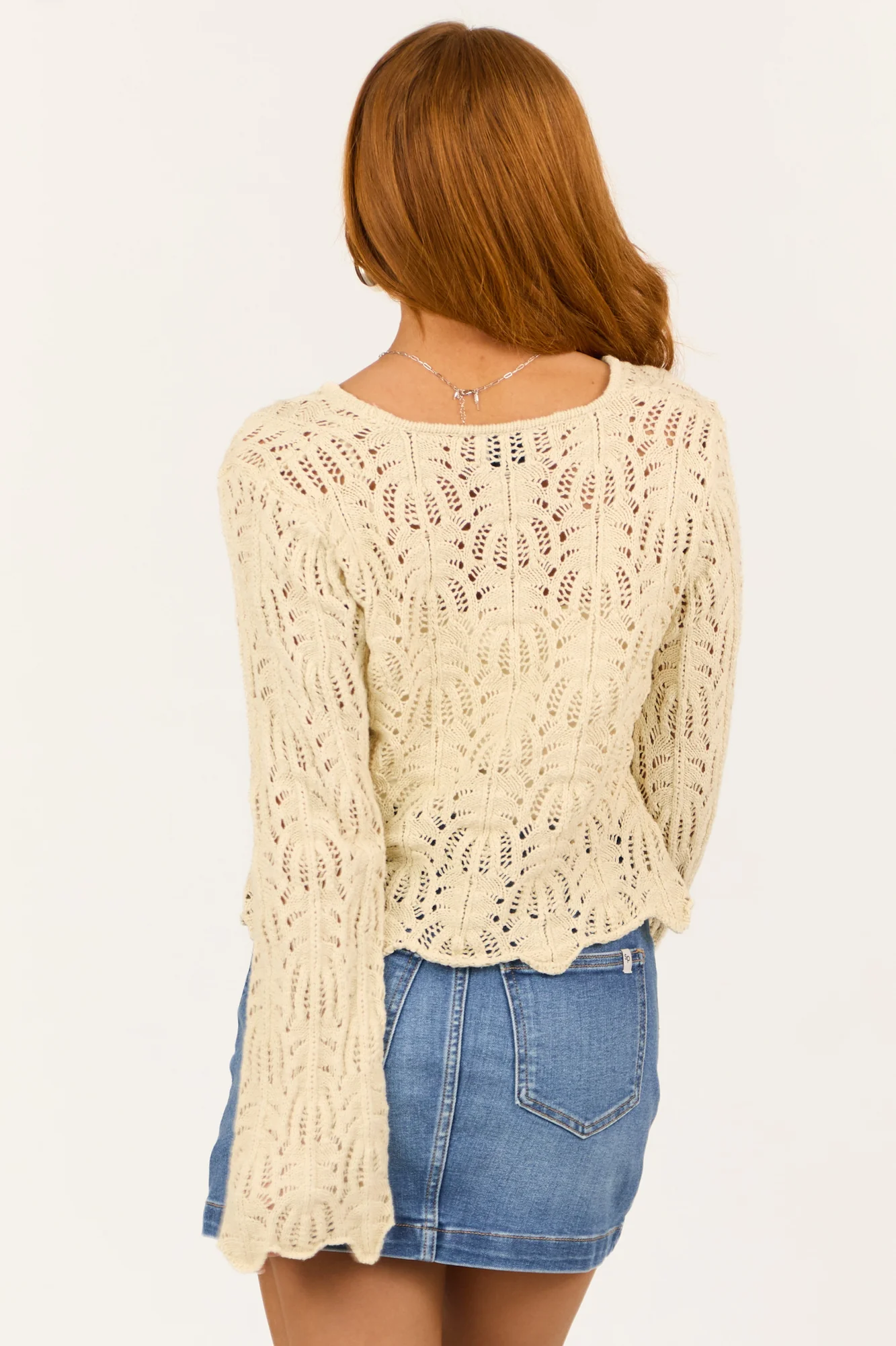 Cream Crochet Knit V-Neck Cotton Cardigan