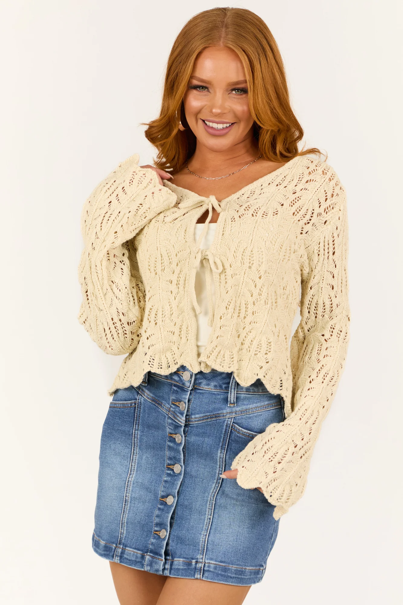 Cream Crochet Knit V-Neck Cotton Cardigan