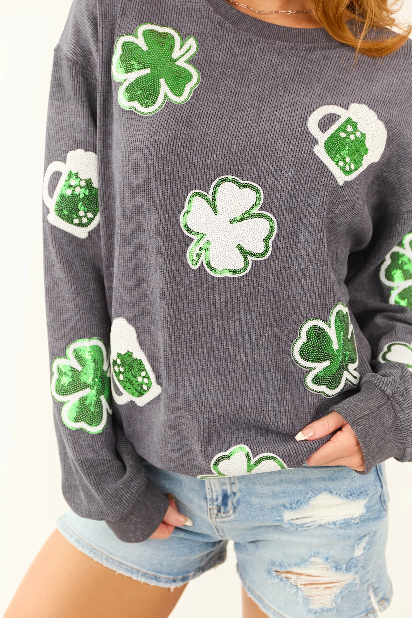 Ribbed St Patricks Graphic Sweatshirt - Kelly Green & White Print