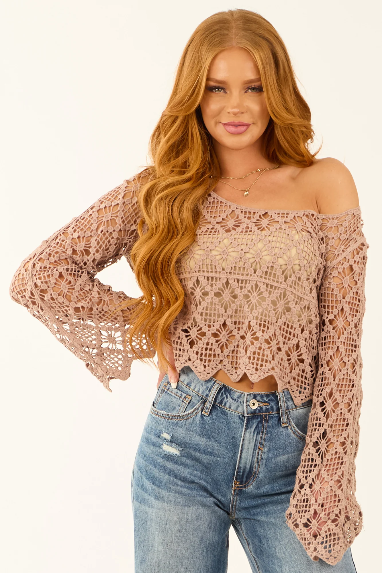 Taupe Crochet Lace Boatneck Blouse with Sheer Flare Cuffs