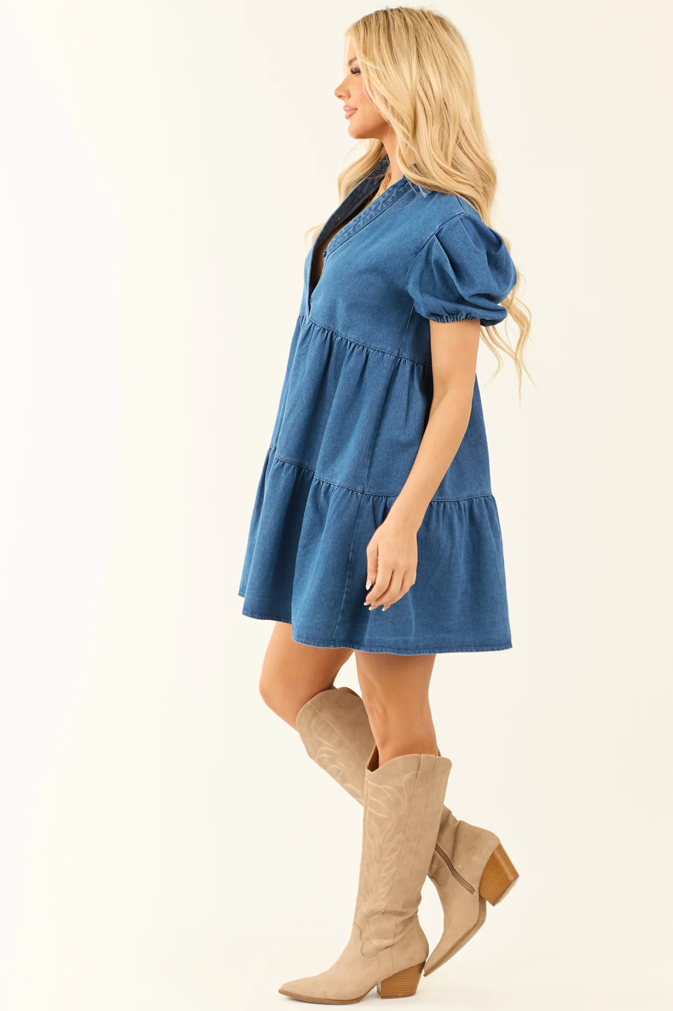 Blue Denim Tiered Ruffle Mini Dress