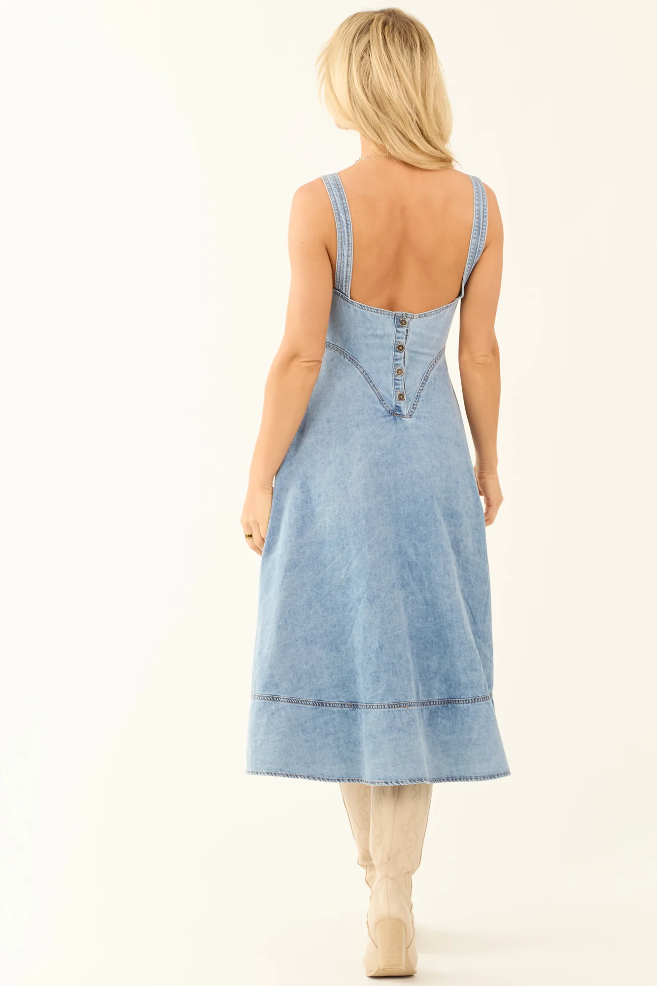 Denim Corset Style Midi Dress with Buckle Straps