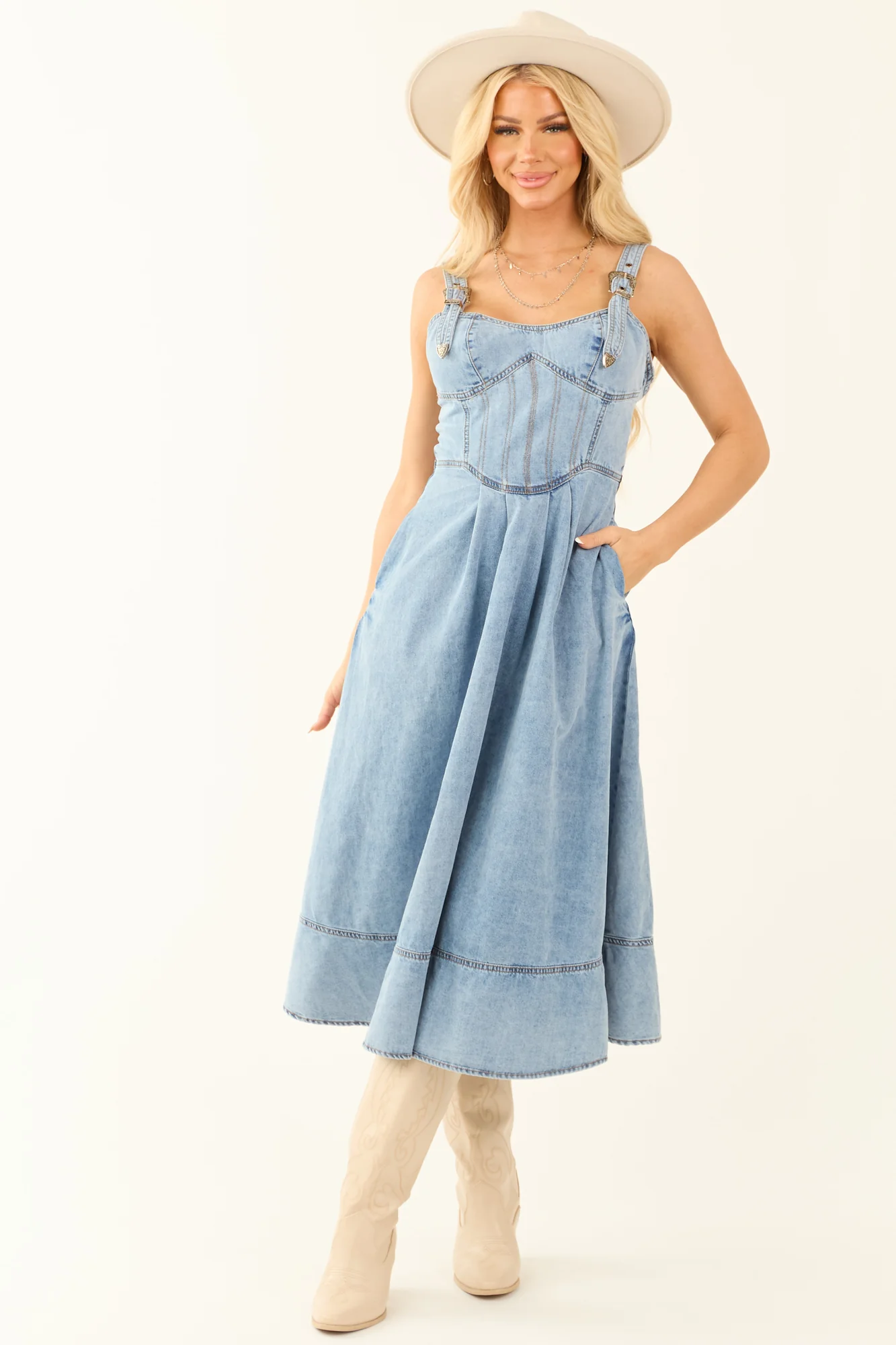 Denim Corset Style Midi Dress with Buckle Straps