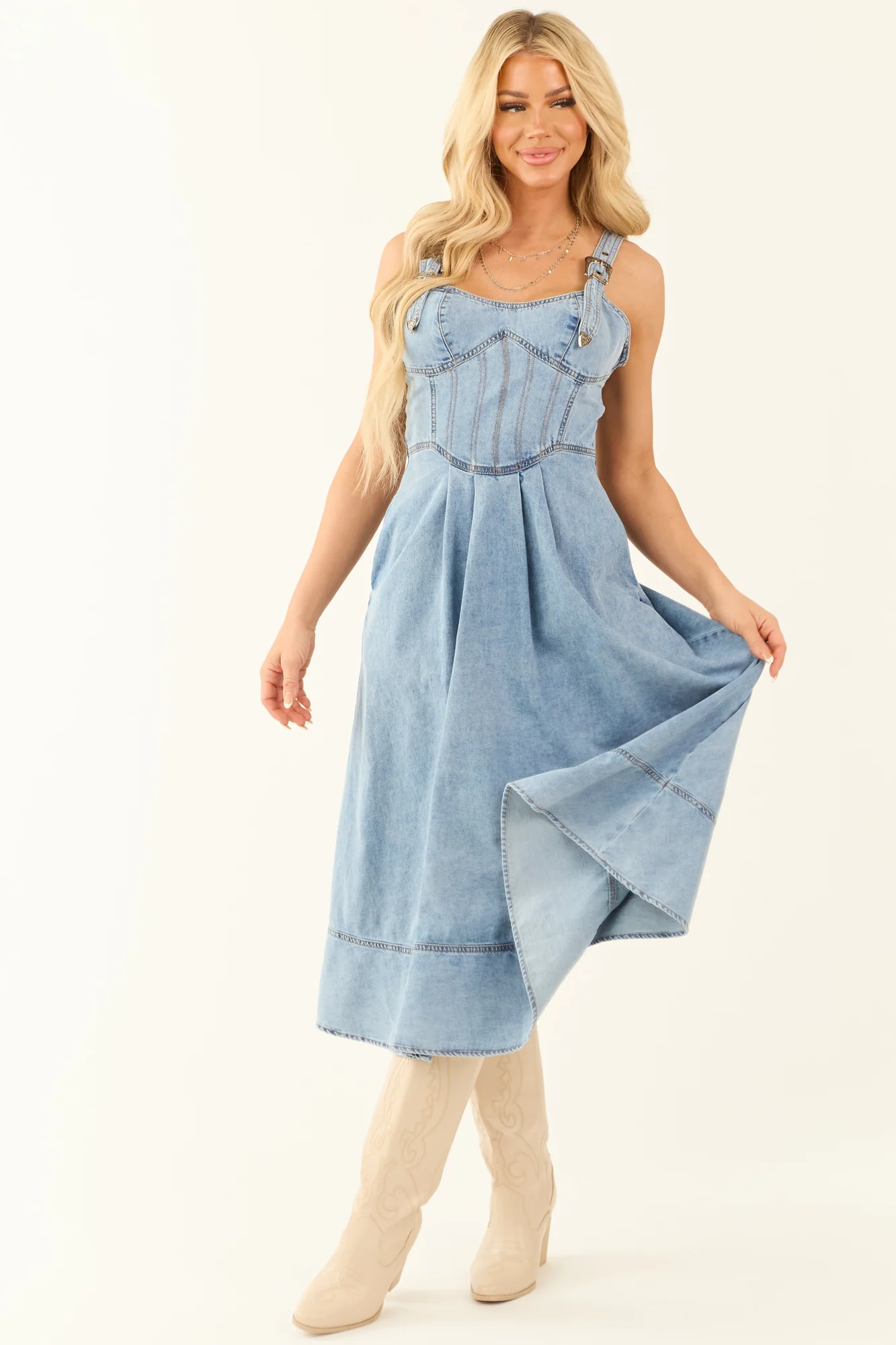 Denim Corset Style Midi Dress with Buckle Straps
