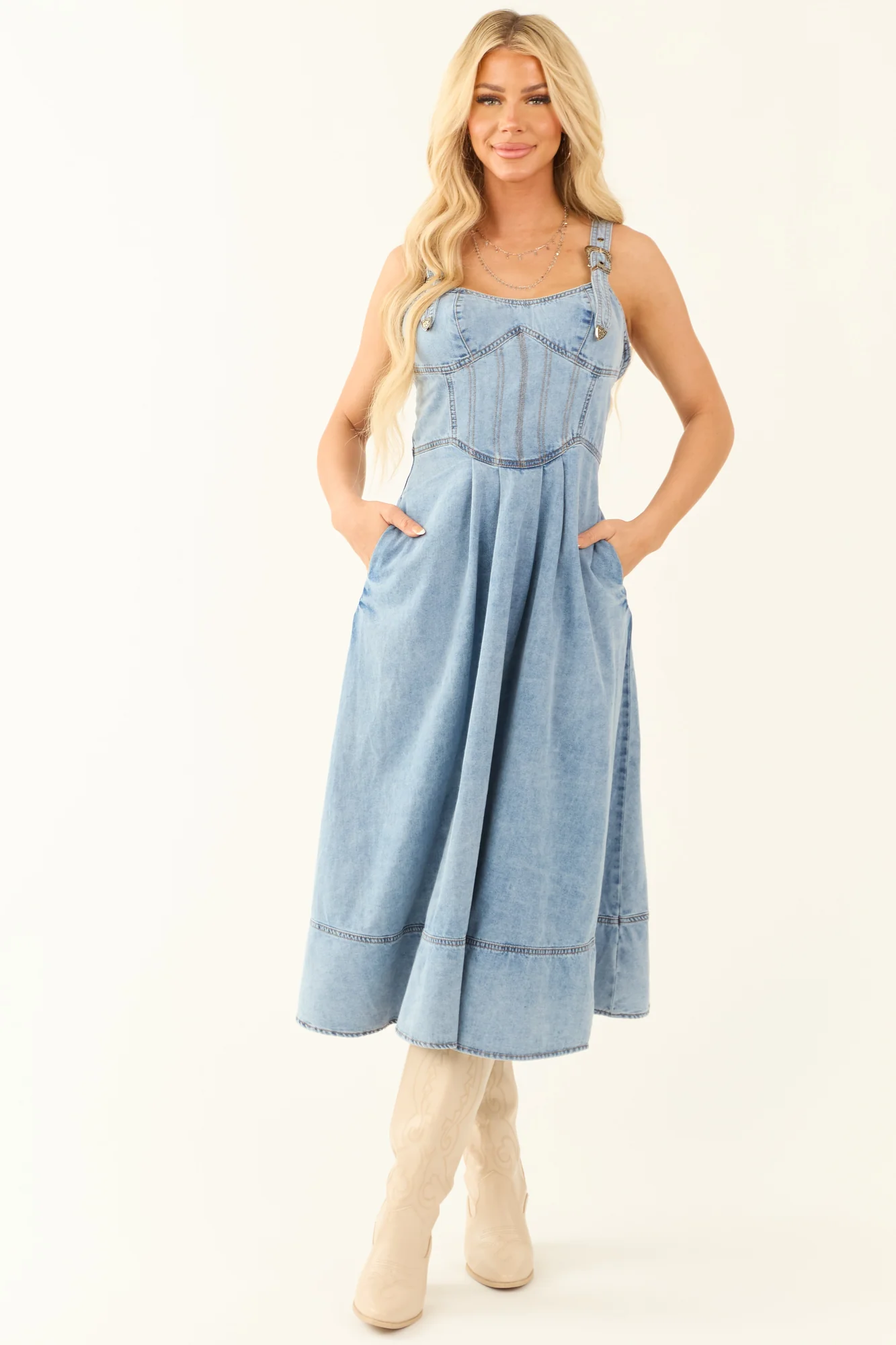Denim Corset Style Midi Dress with Buckle Straps