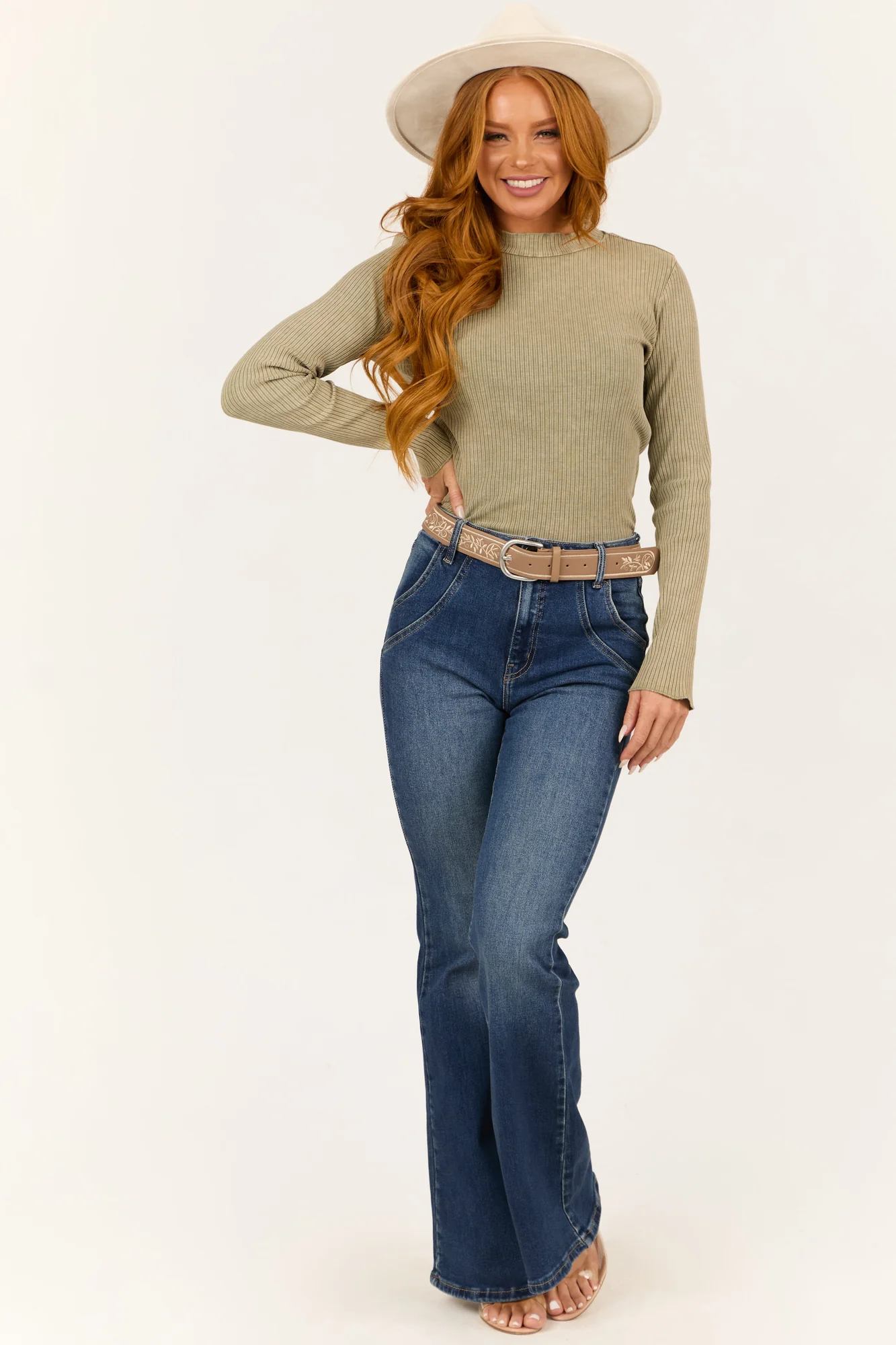 Ribbed Green Long Sleeve Mock Neck Knit Top