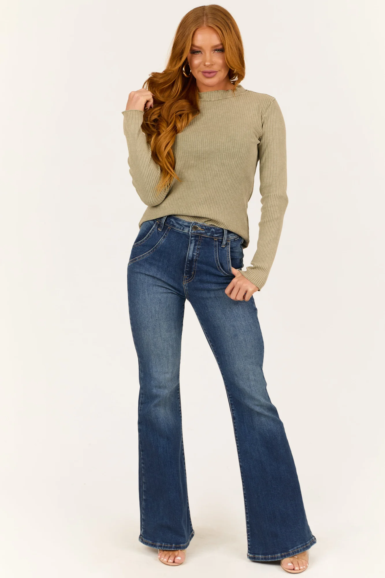 Ribbed Green Long Sleeve Mock Neck Knit Top