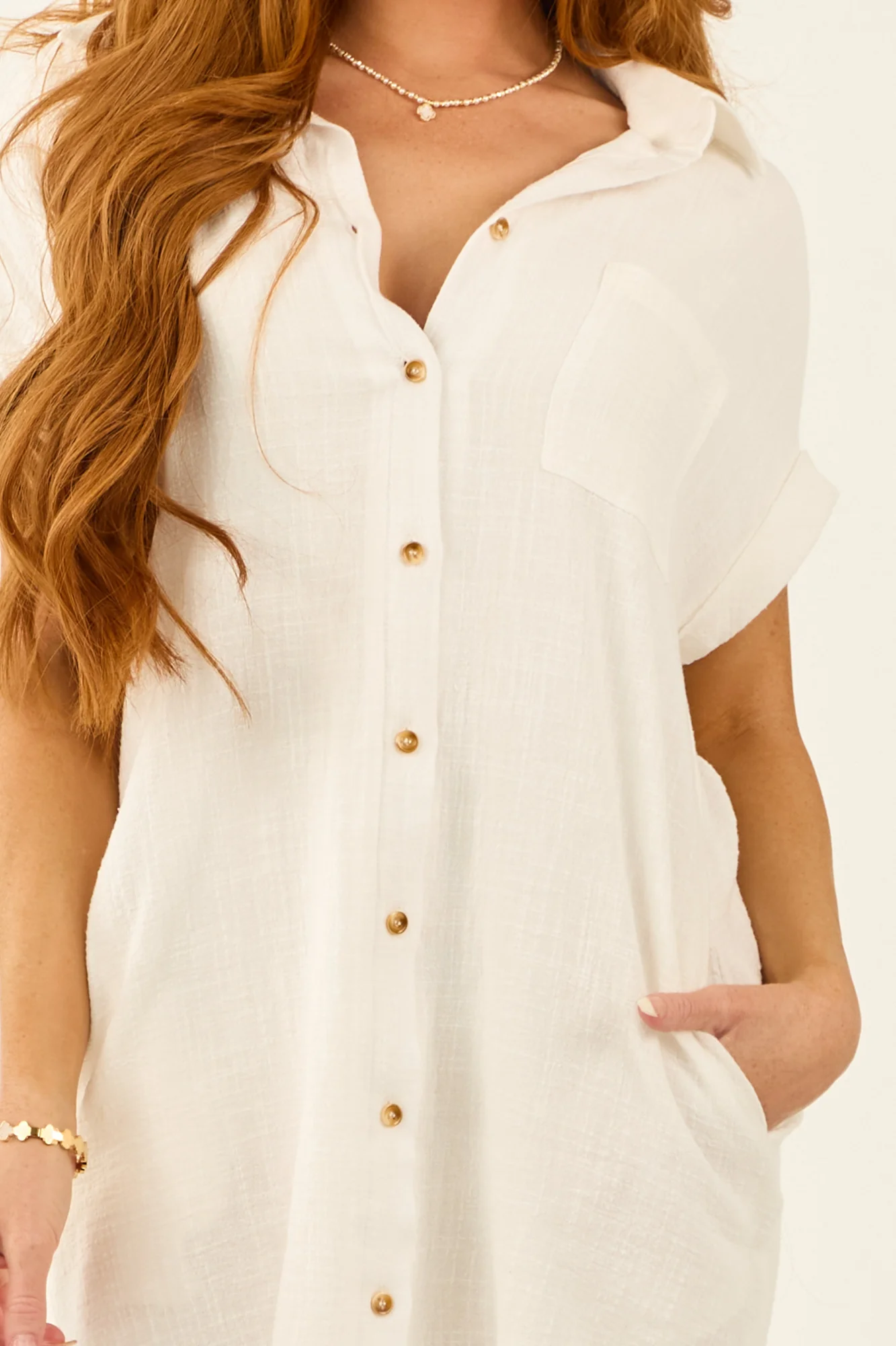 White Cotton Gauze Shirt Dress
