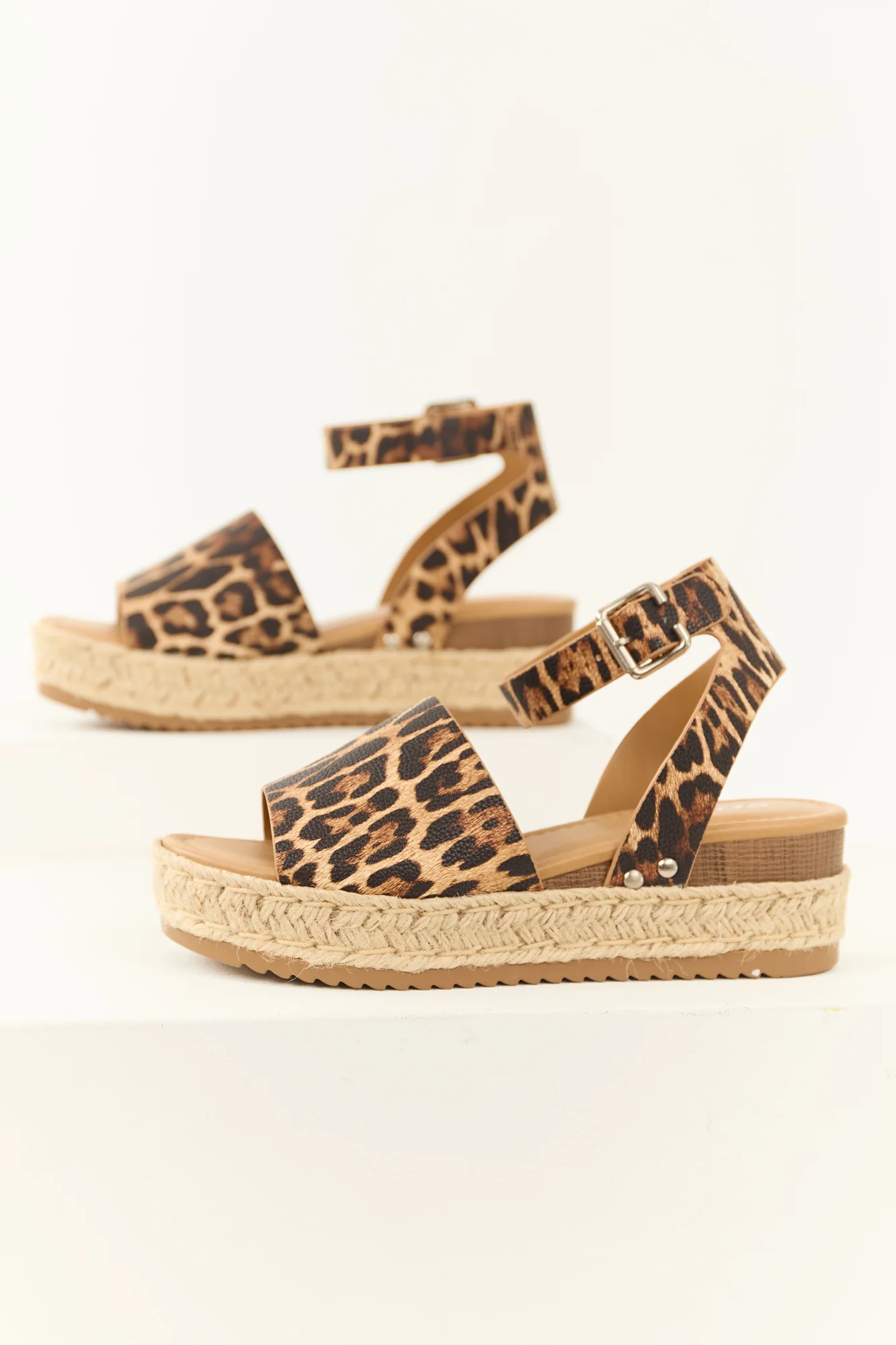 Leopard Faux Leather Platform Sandals - Adjustable Ankle Strap