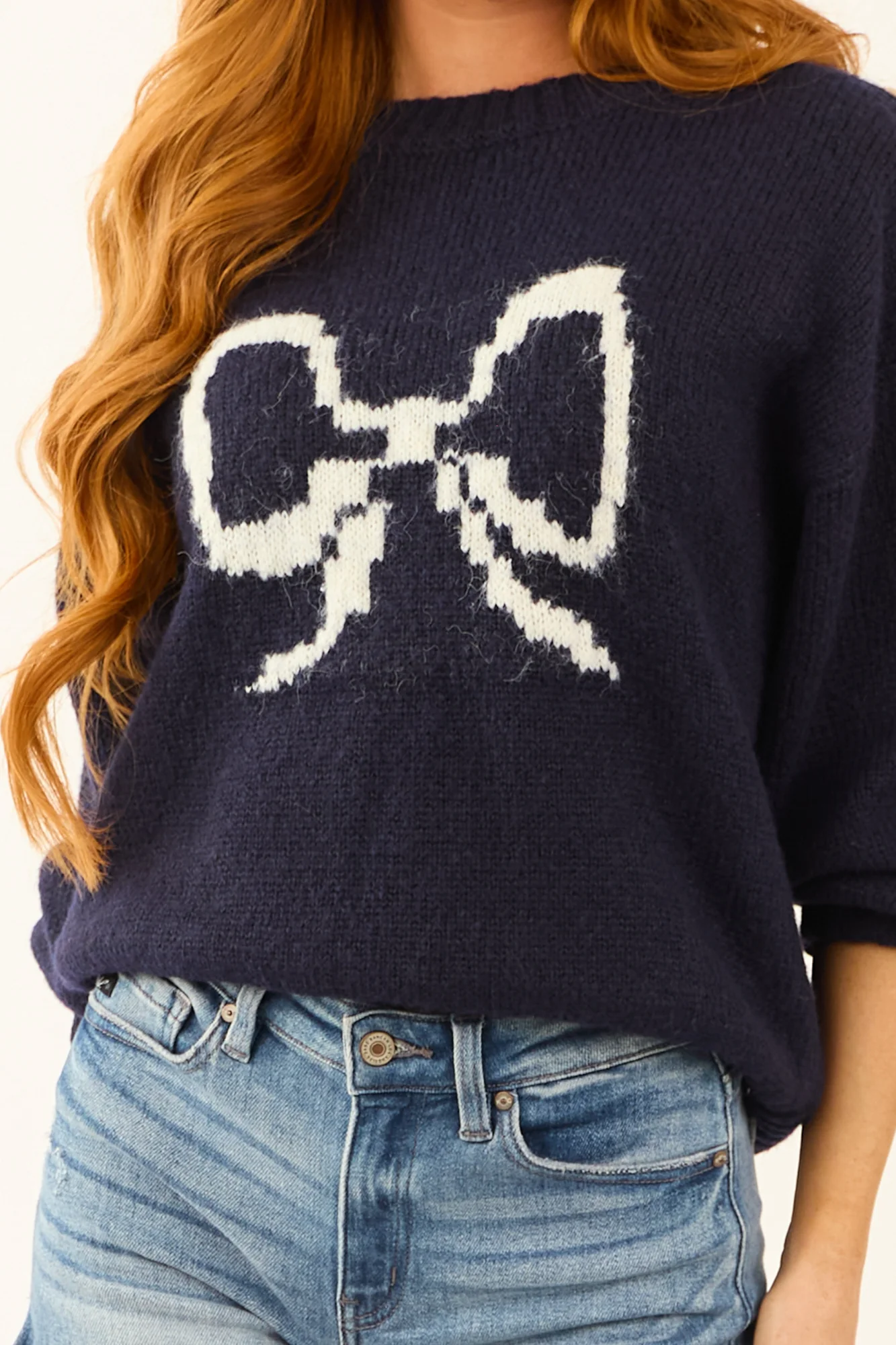 Navy Graphic Crew Neck Sweater with Bow Detail
