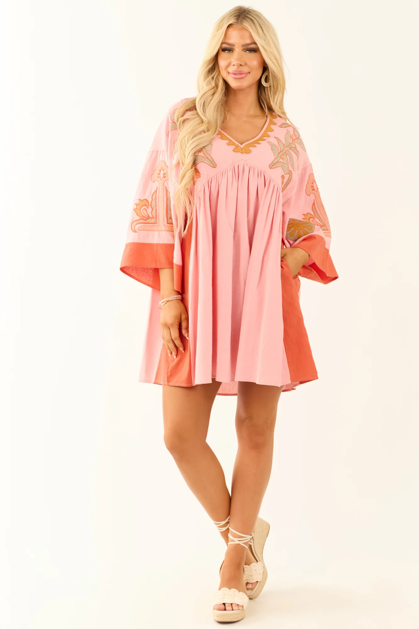Floral Embroidered Kimono Sleeve Babydoll Dress