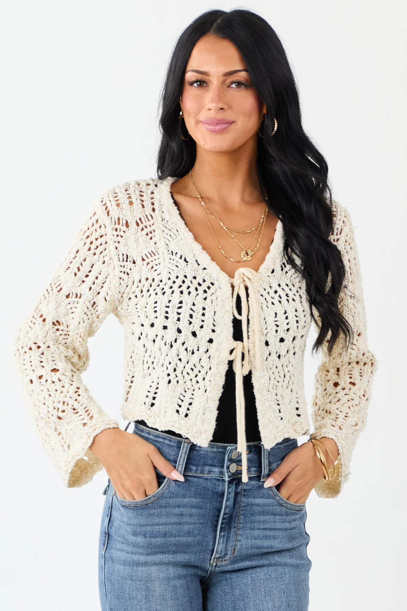 Cream Open Knit Tie Cardigan - Cropped Flare Sleeve V-Neck Sweater