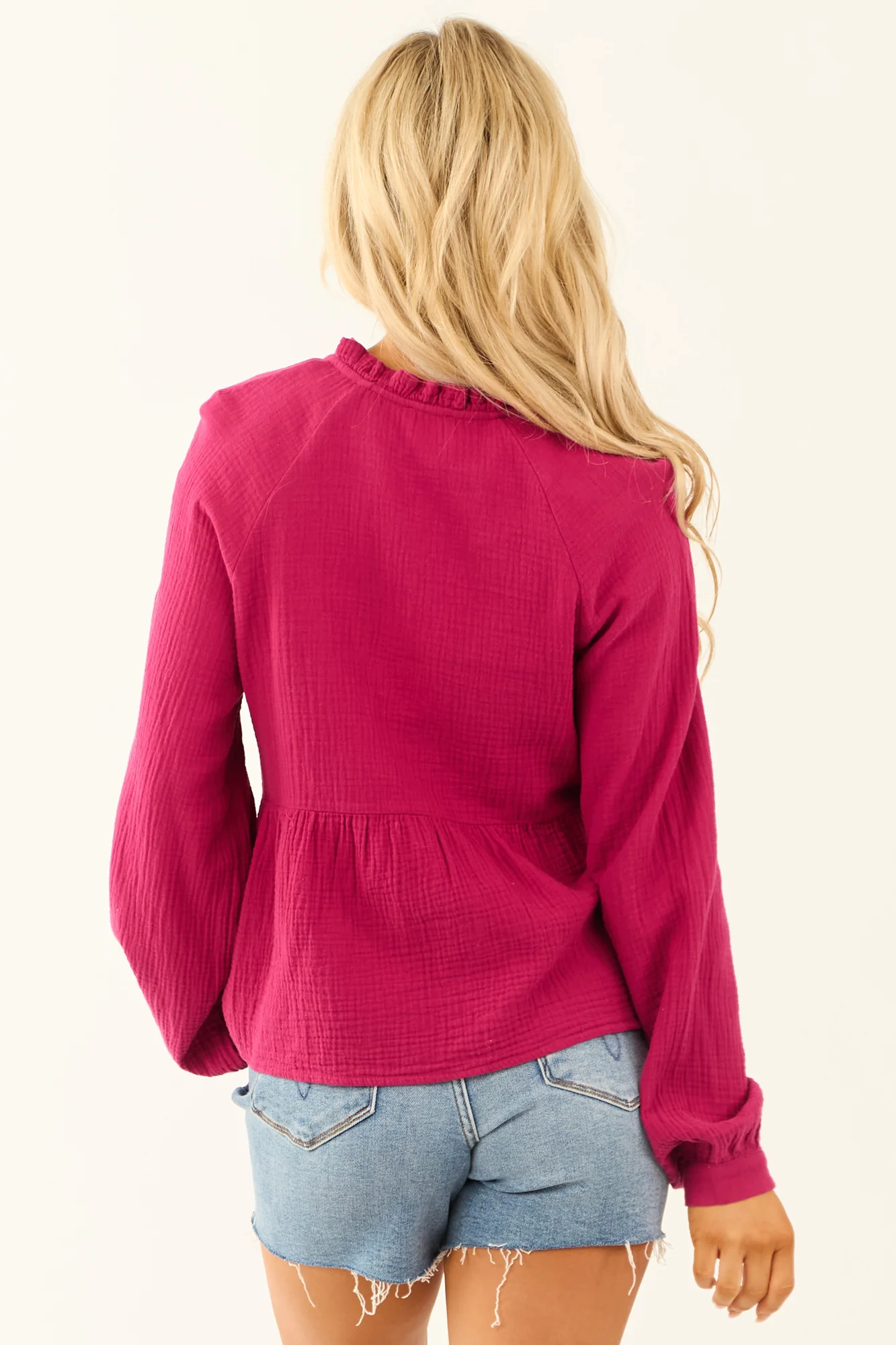 Purple Cotton Frill Neck Long Sleeve Top