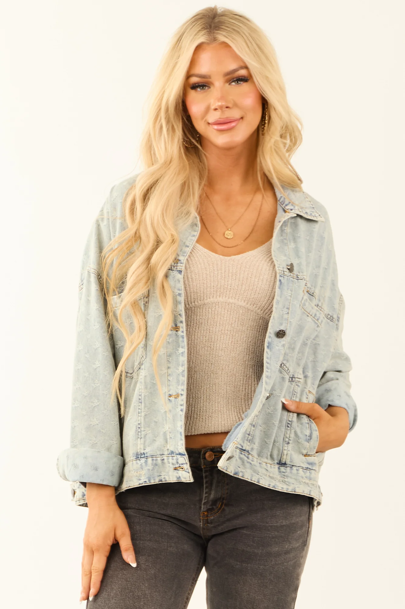 Distressed Denim Button Up Jacket