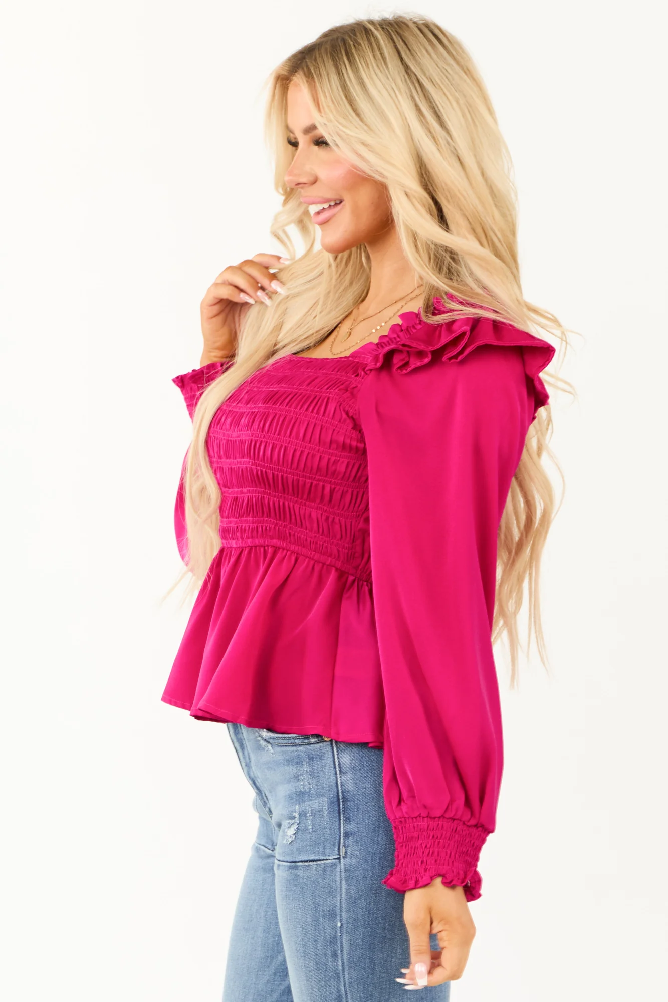 Pink Satin Peplum Blouse Smocked Ruffle Square Neck