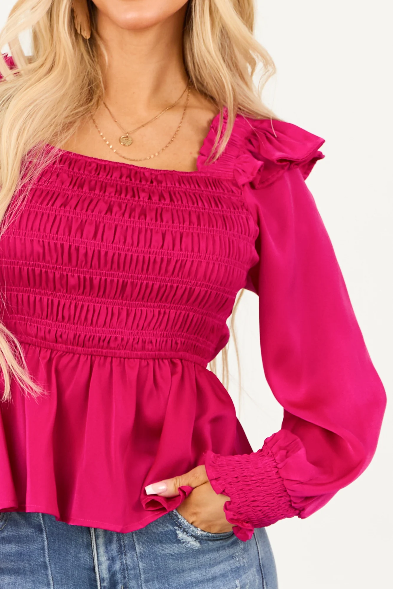Pink Satin Peplum Blouse Smocked Ruffle Square Neck
