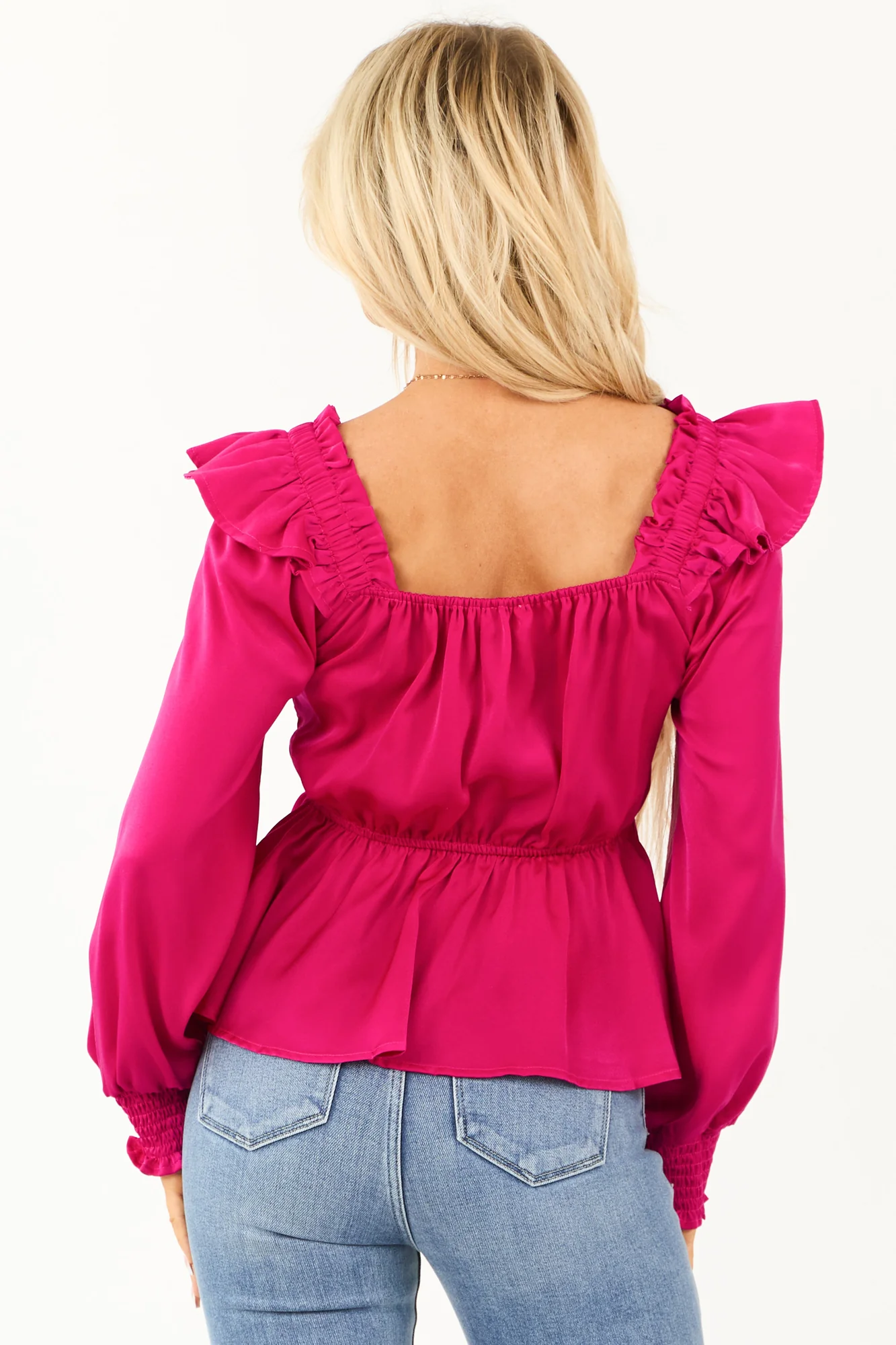 Pink Satin Peplum Blouse Smocked Ruffle Square Neck