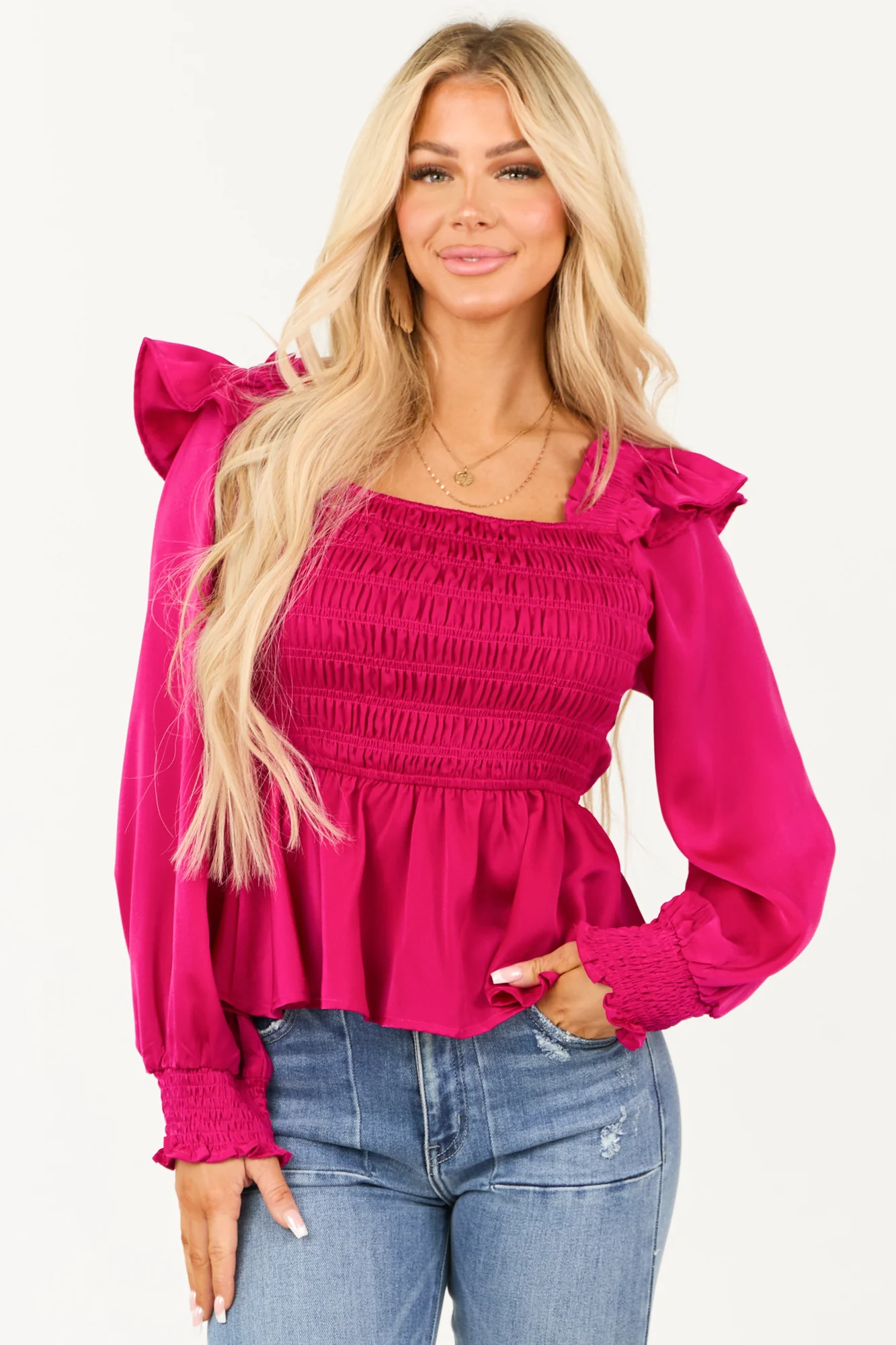 Pink Satin Peplum Blouse Smocked Ruffle Square Neck
