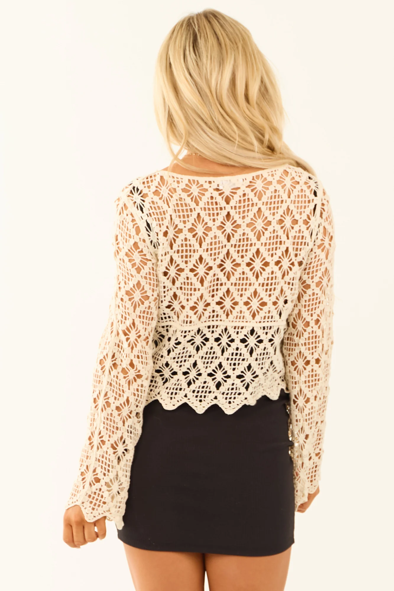 White Crochet Lace Boat Neck Top - Stylish Sheer Long Sleeve