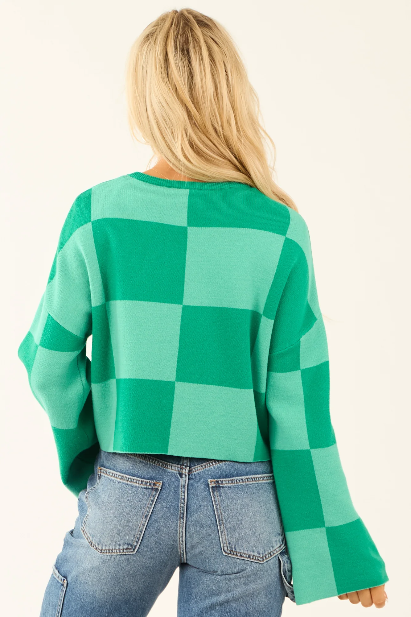 Checkered Green Cropped Sweater with Bell Sleeves
