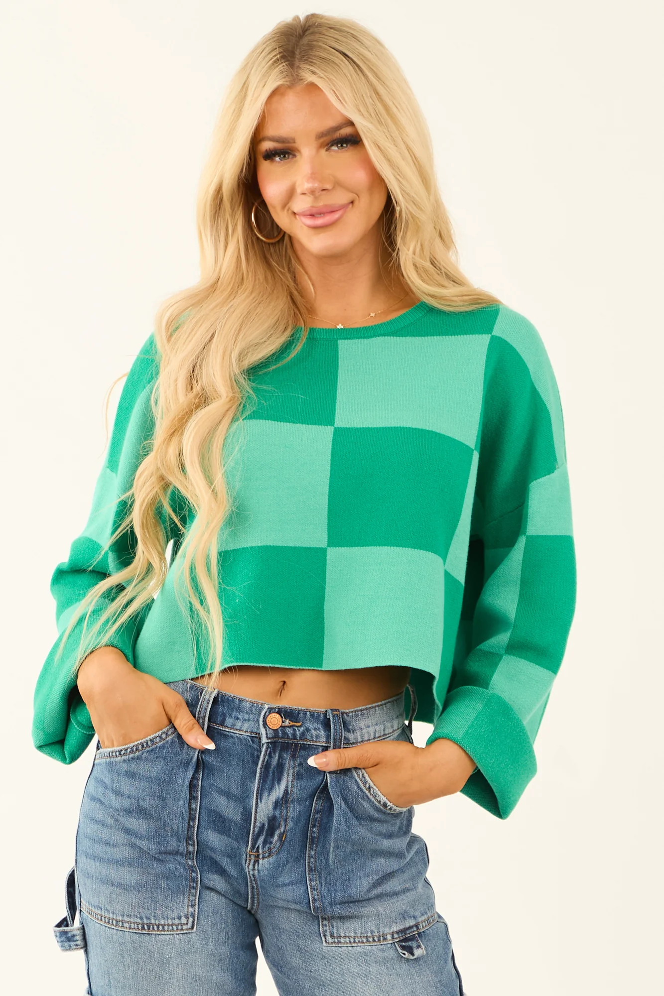 Checkered Green Cropped Sweater with Bell Sleeves