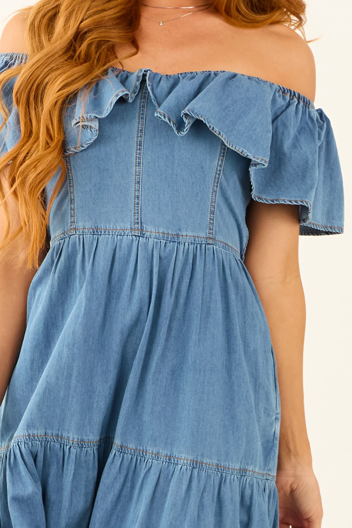 Off Shoulder Midi Denim Dress for Women with Ruffle Overlay